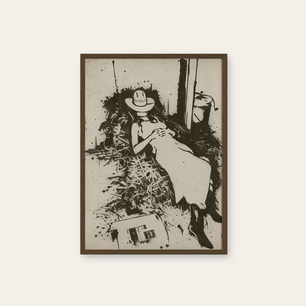 Hayloft Cowgirl western print in a dark wood frame
