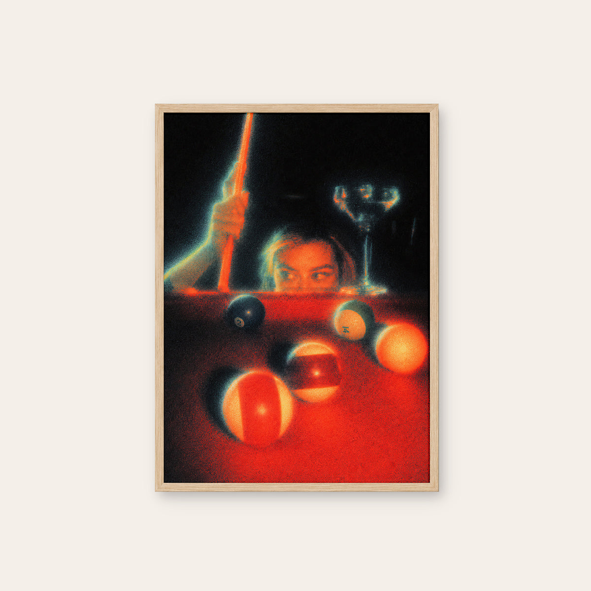 Next Shot - Neon Billiards Print - natural wood frame