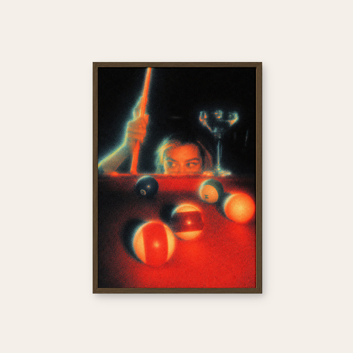 Next Shot - Neon Billiards Print - dark wood frame