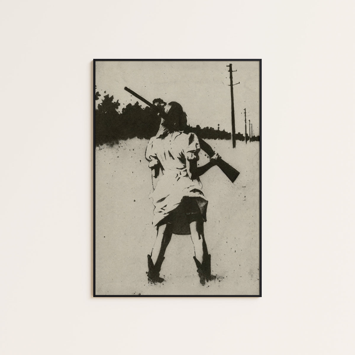 Country Road Cowgirl western print displayed in a slim black frame