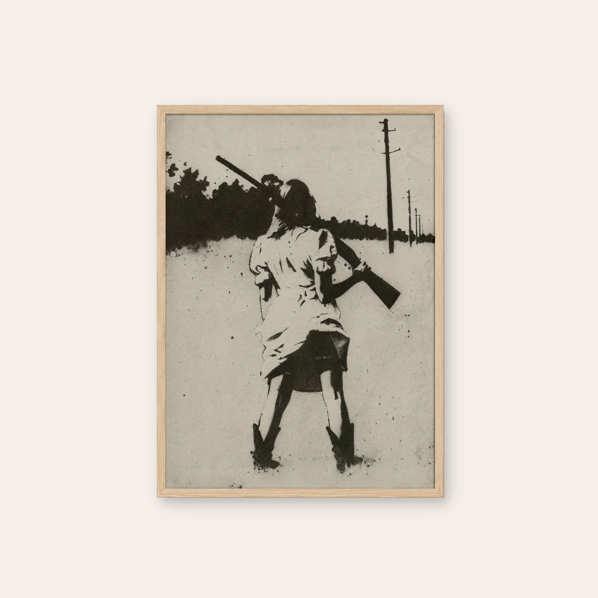 Country Road Cowgirl western print in a natural wood frame