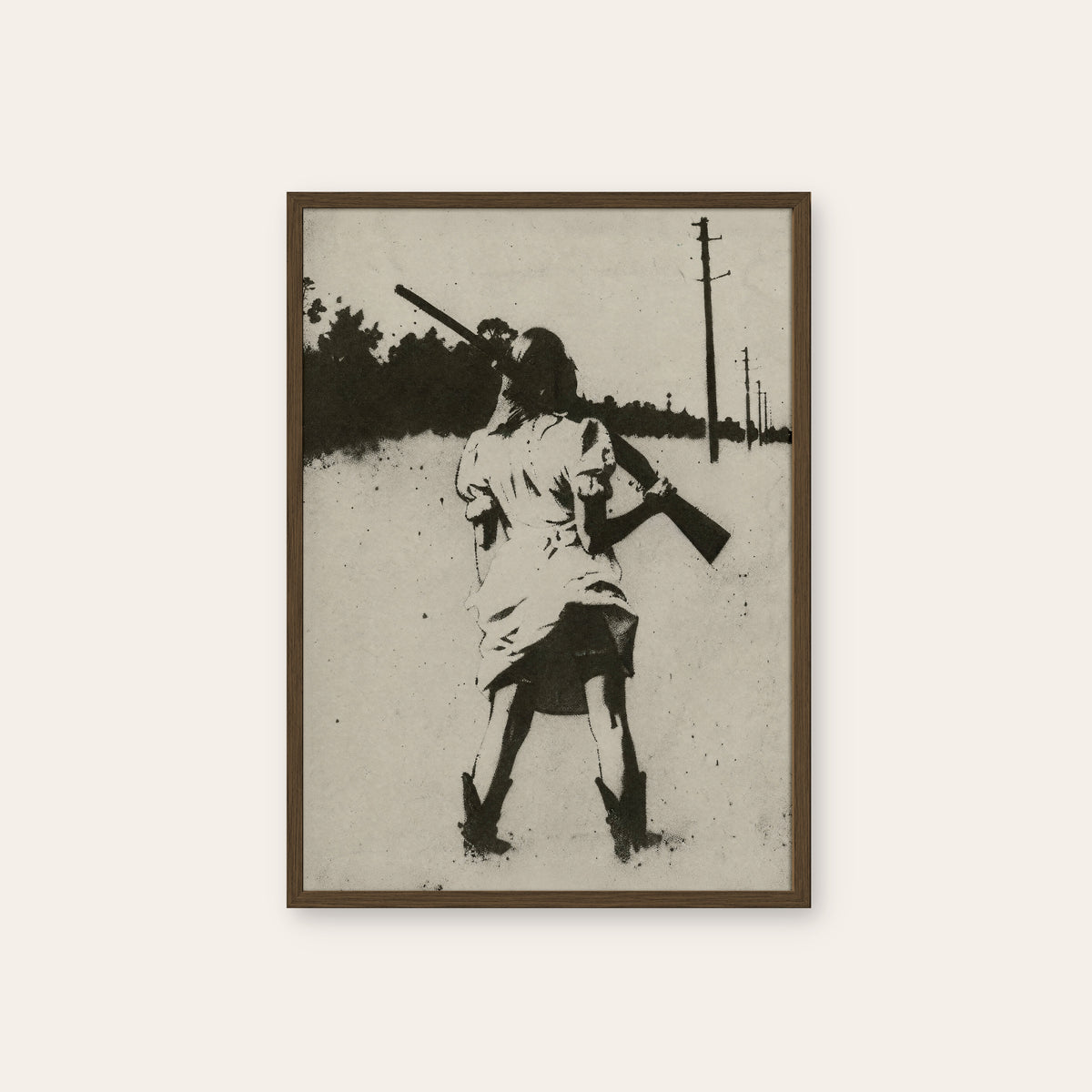 Country Road Cowgirl western print in a dark wood frame