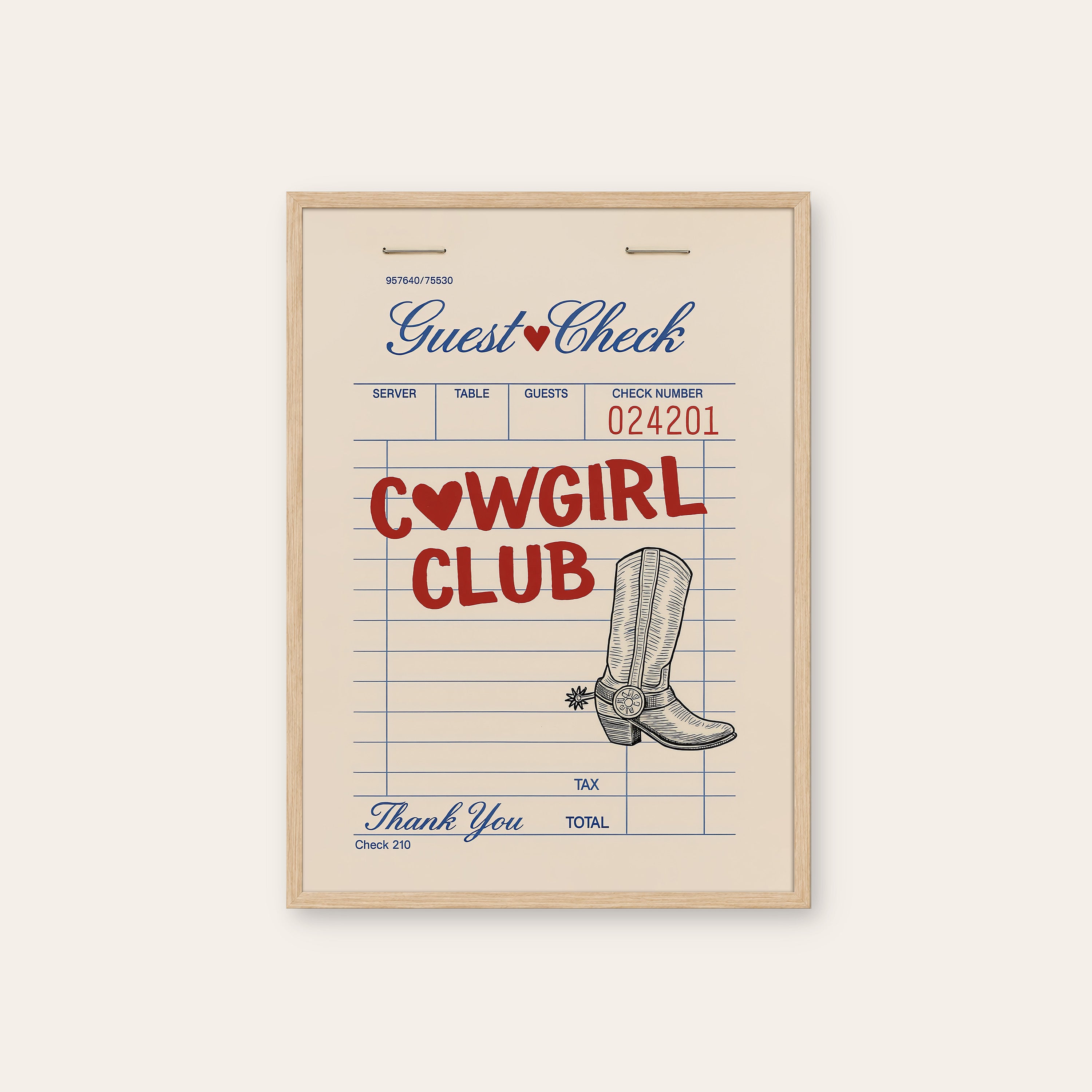 Cowgirl Club — Guest Check Print – natural wood frame