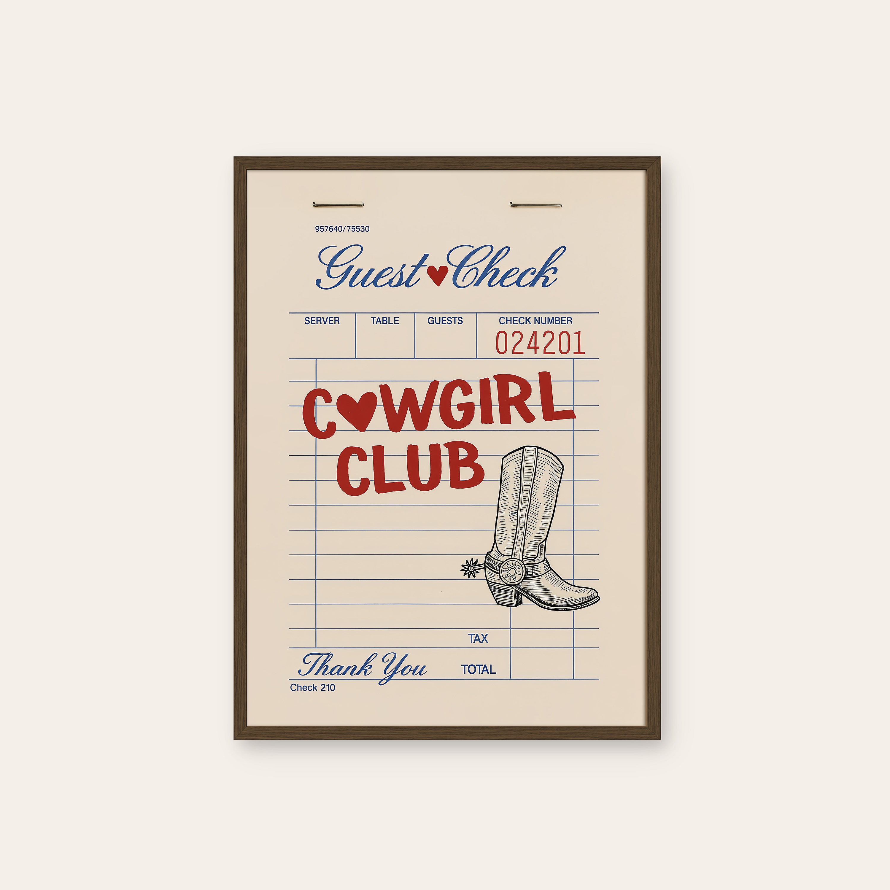 Cowgirl Club — Guest Check Print – dark wood frame