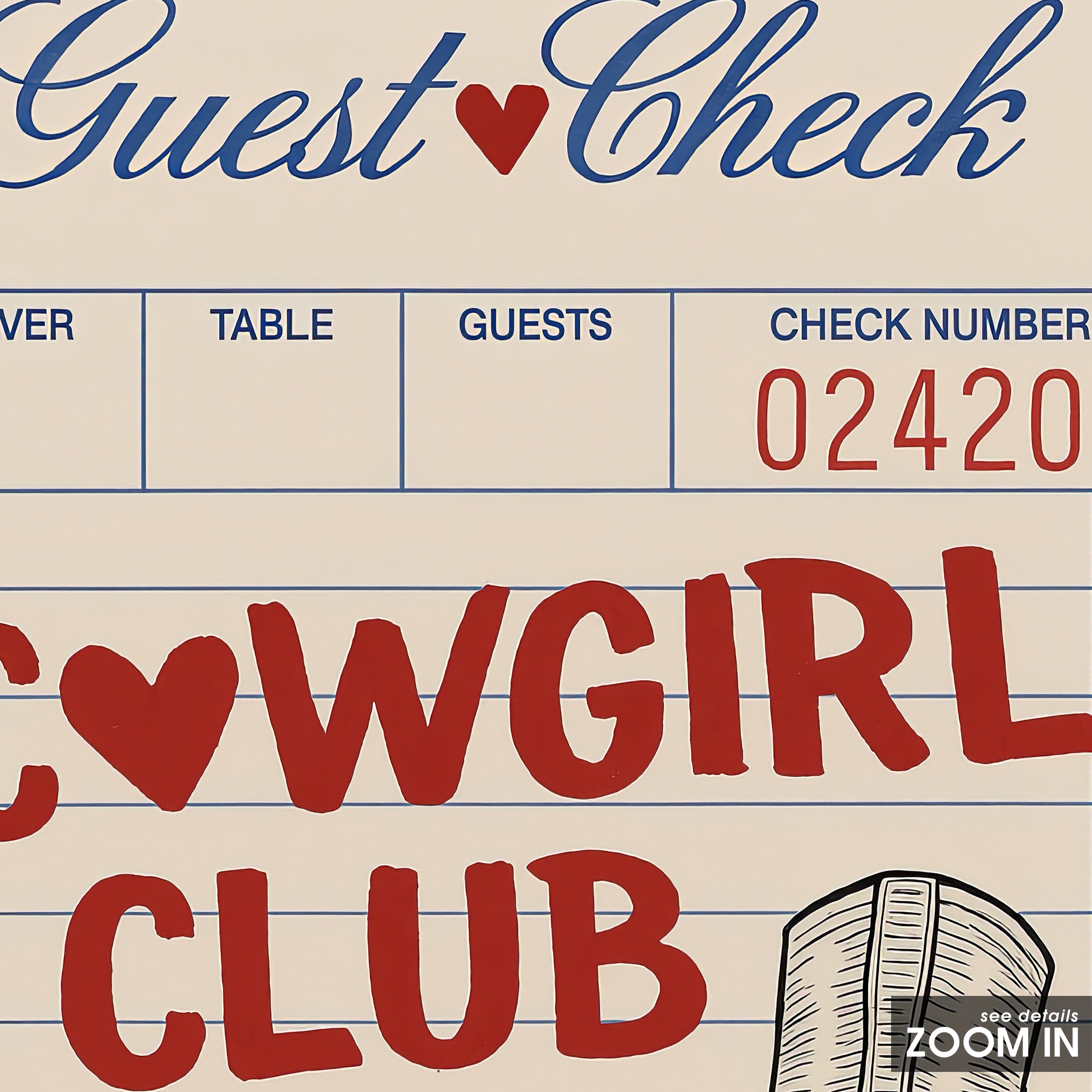Cowgirl Club — Guest Check Print – in room setting