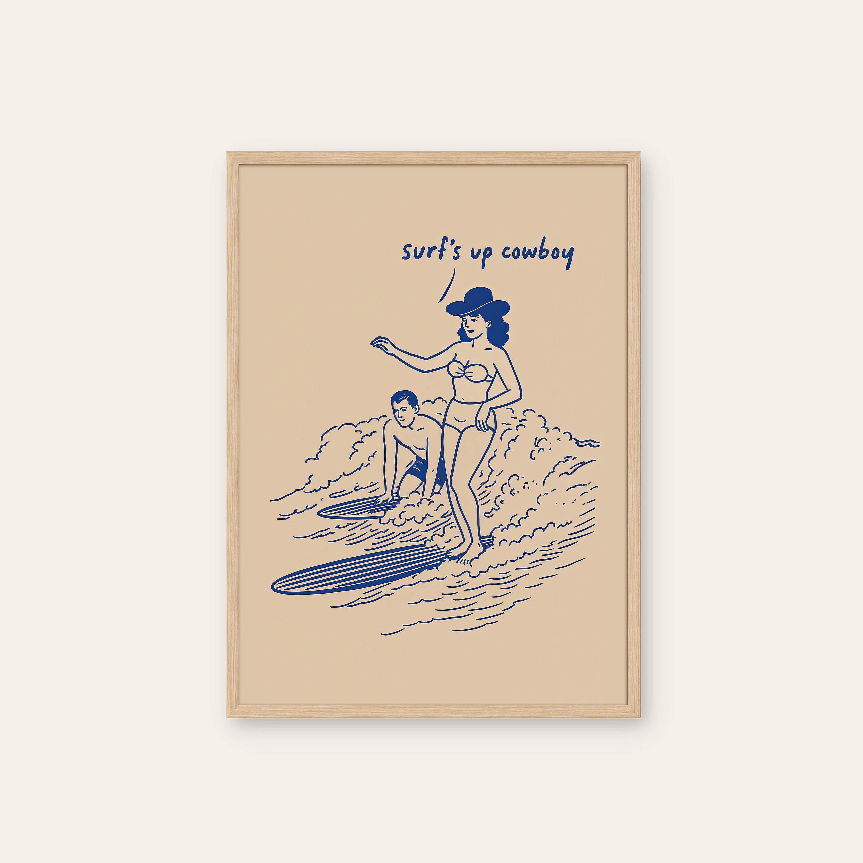 Surf's Up Cowboy — Line Art Print – natural wood frame