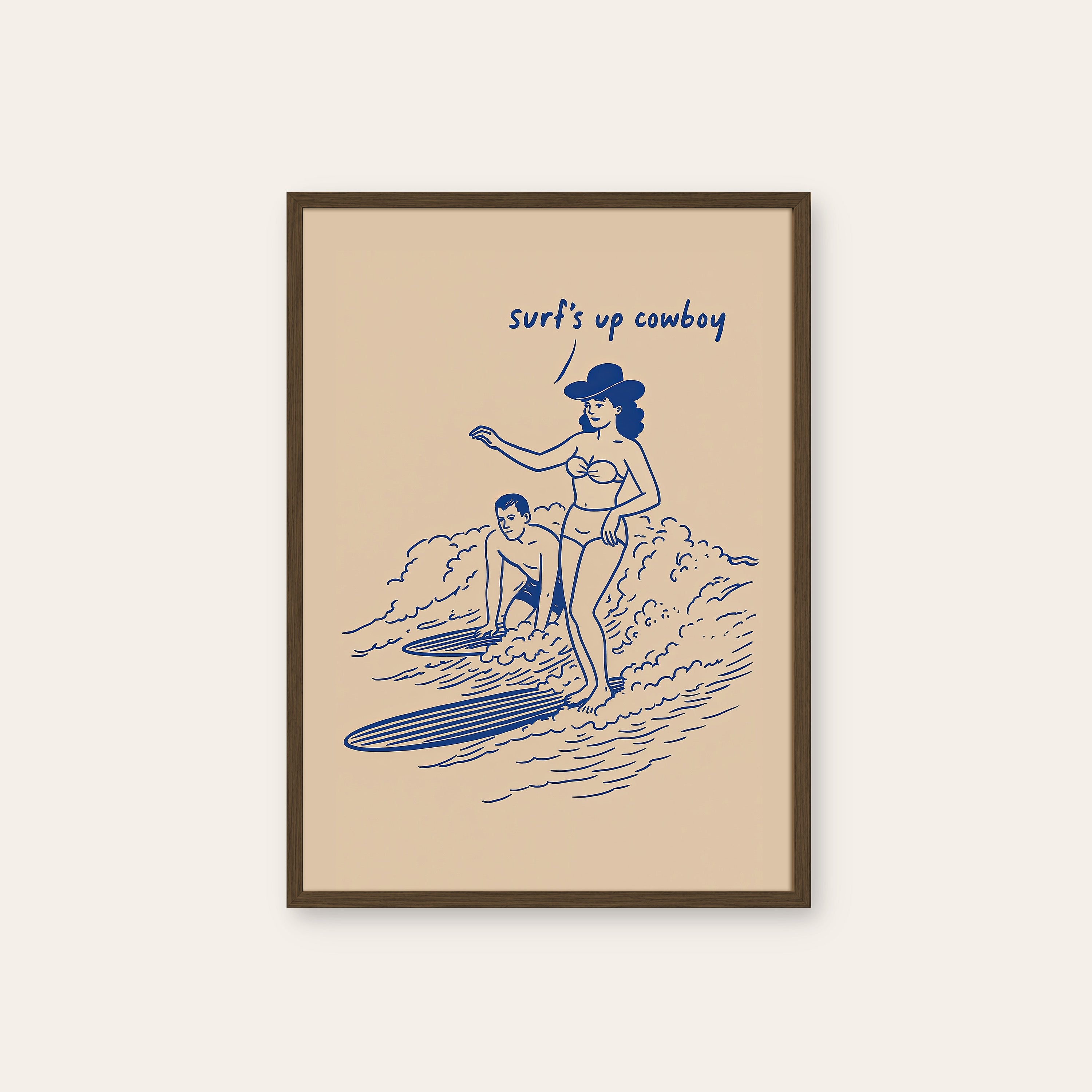 Surf's Up Cowboy — Line Art Print – dark wood frame