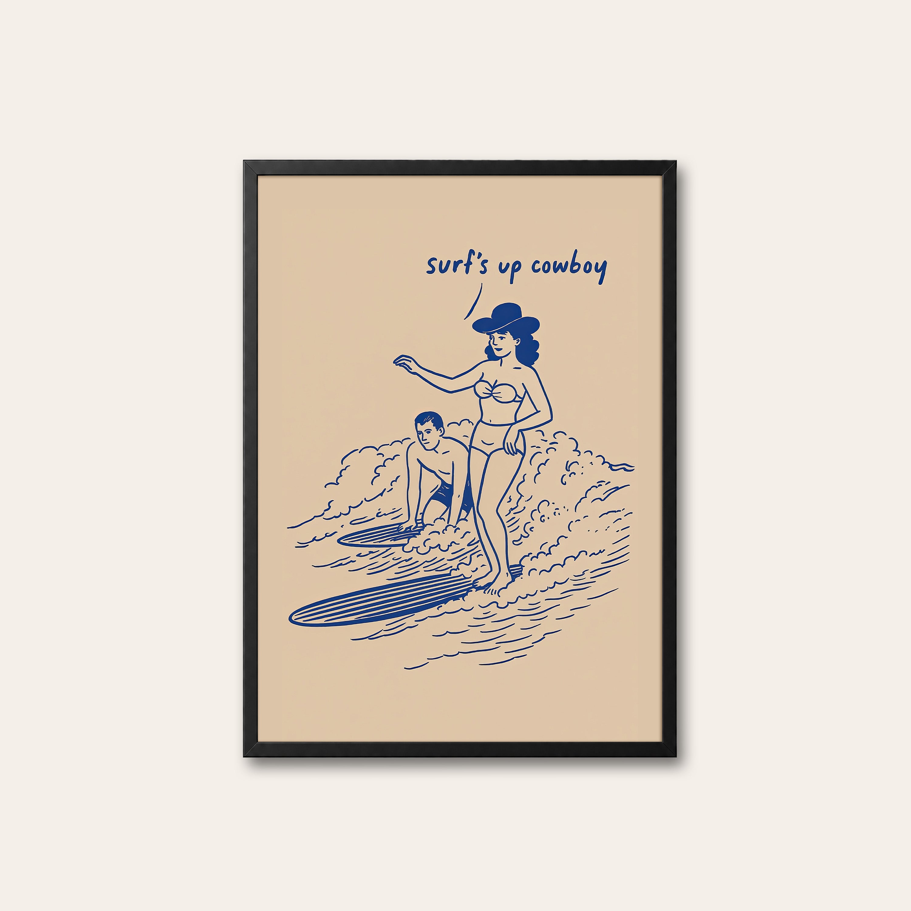 Surf's Up Cowboy — Line Art Print – black frame