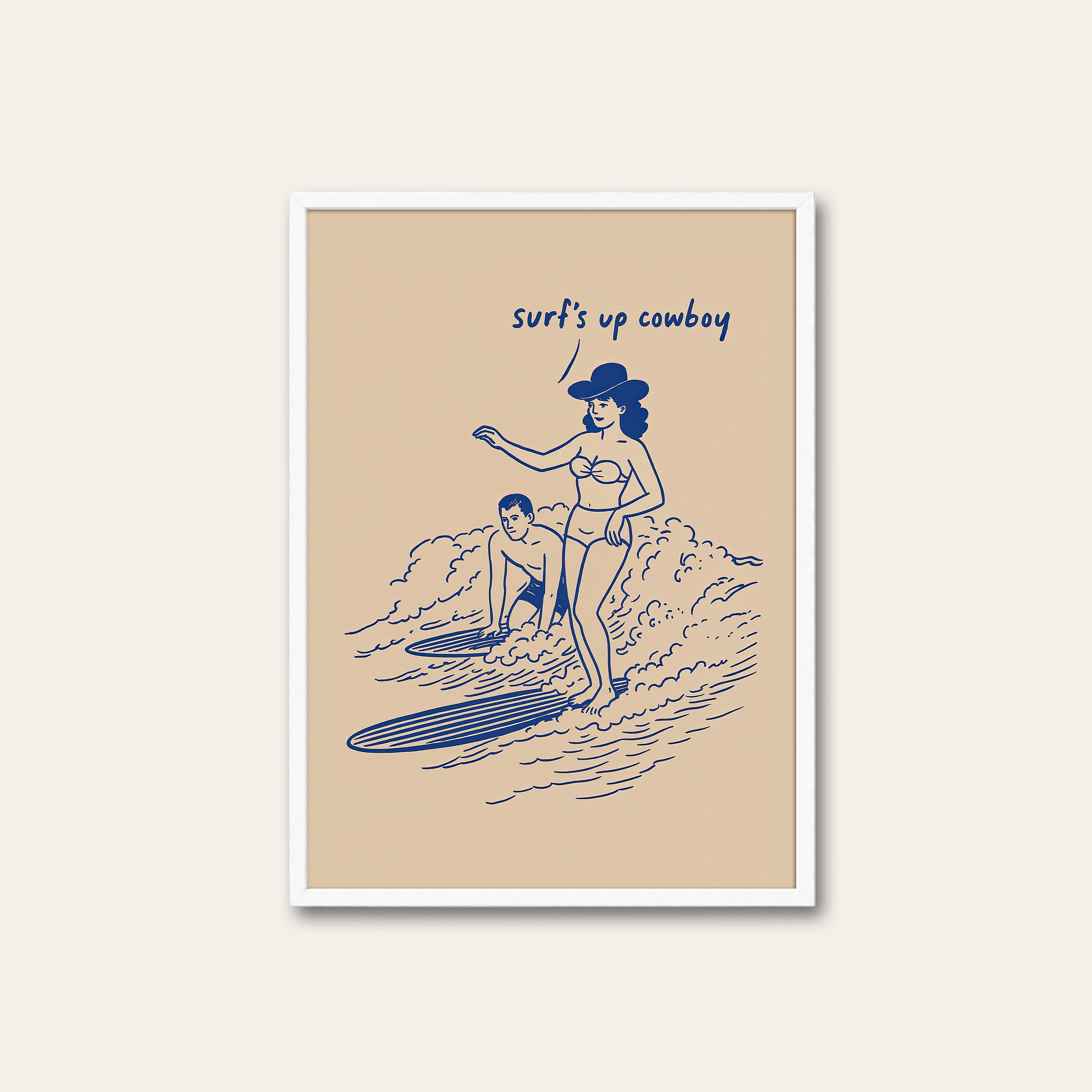 Surf's Up Cowboy — Line Art Print – white frame