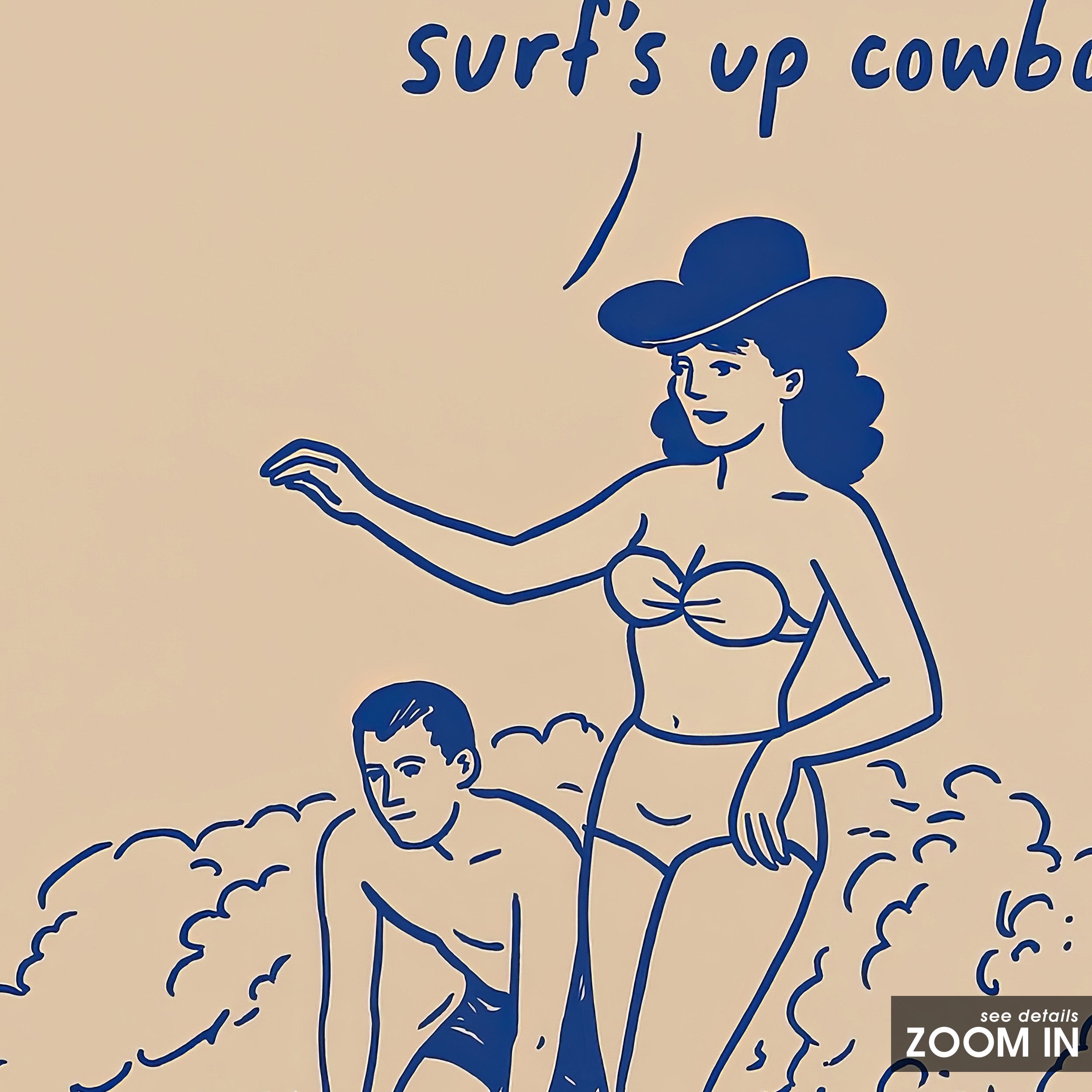 Surf's Up Cowboy — Line Art Print – in room setting