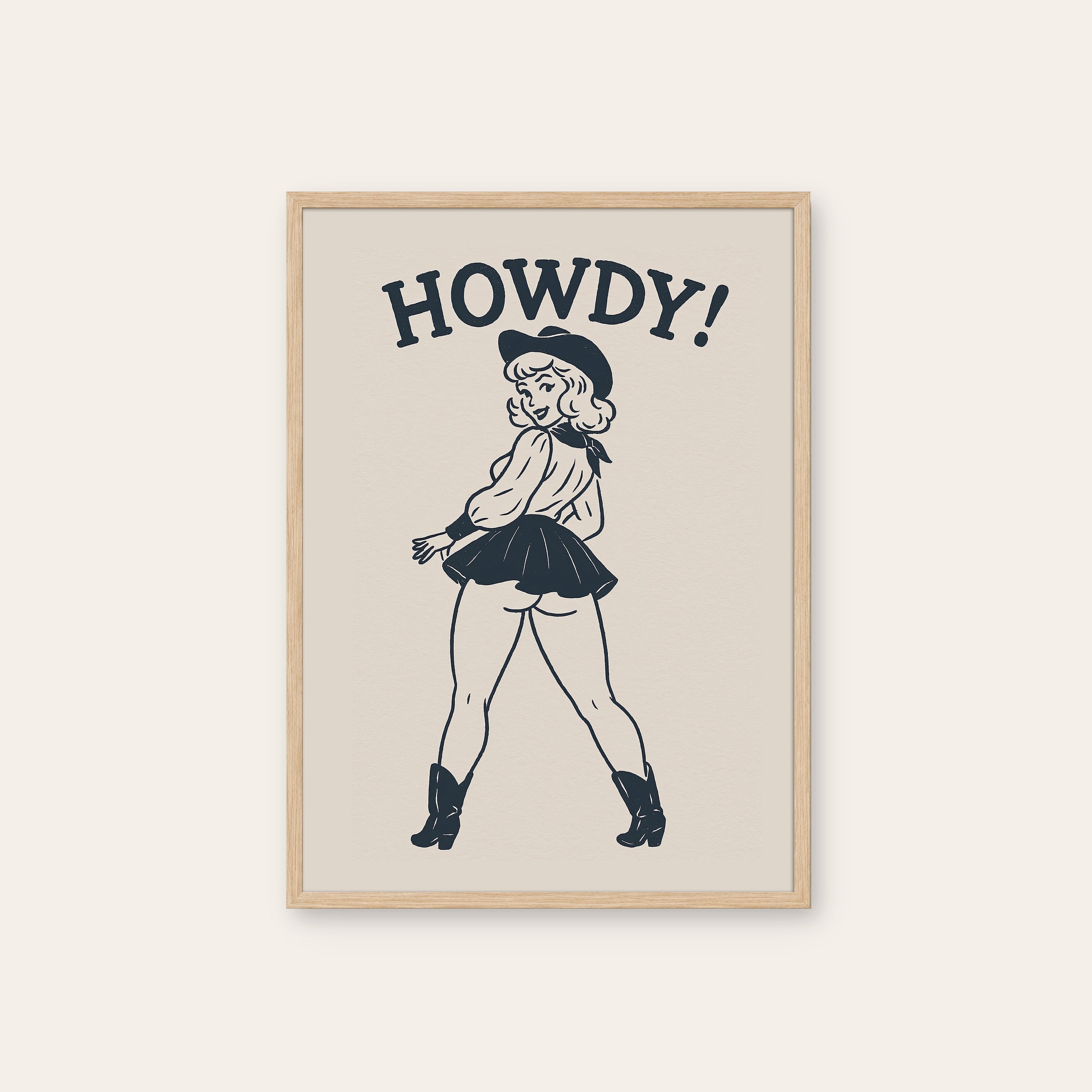 Howdy! — Pin-Up Cowgirl Print – natural wood frame