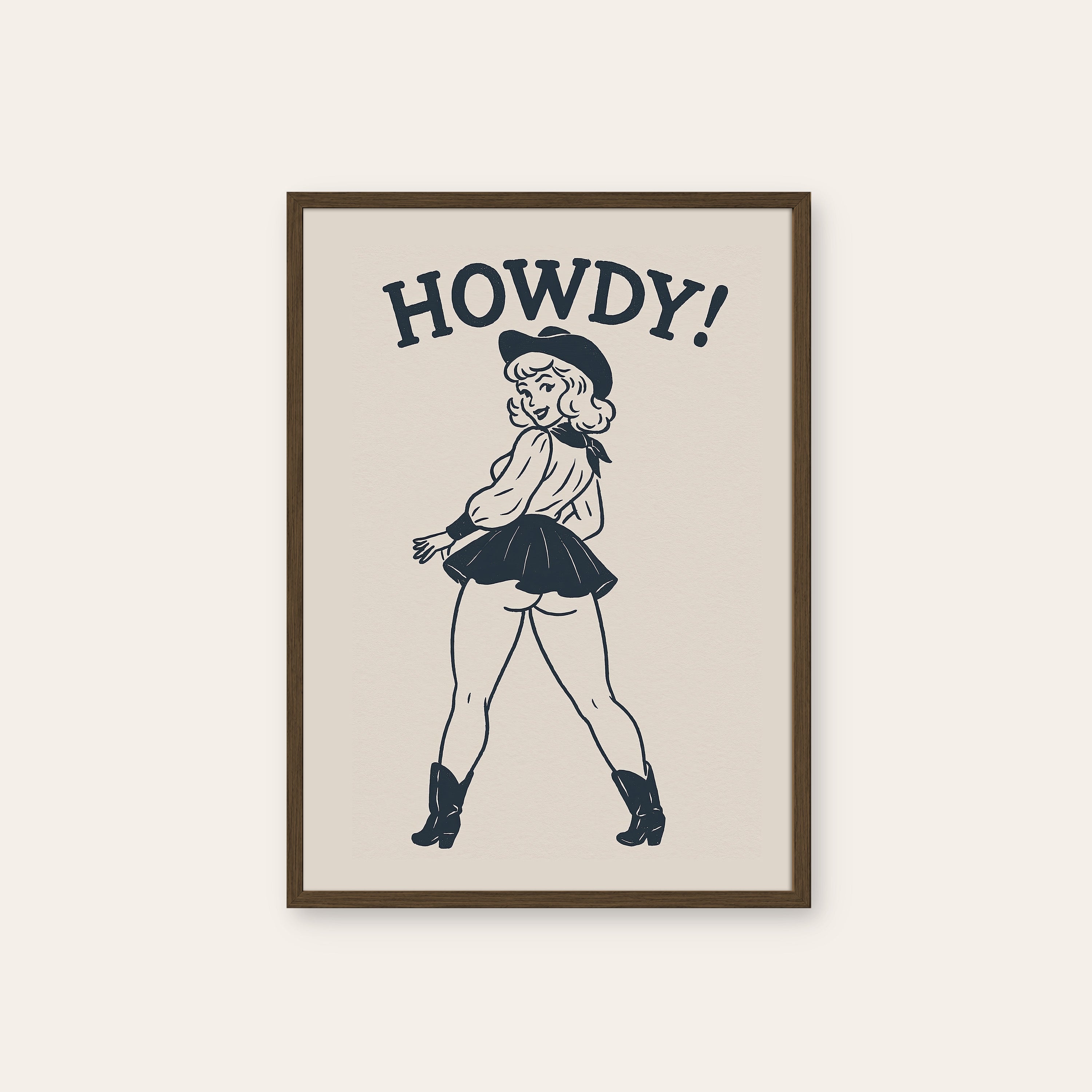 Howdy! — Pin-Up Cowgirl Print – dark wood frame