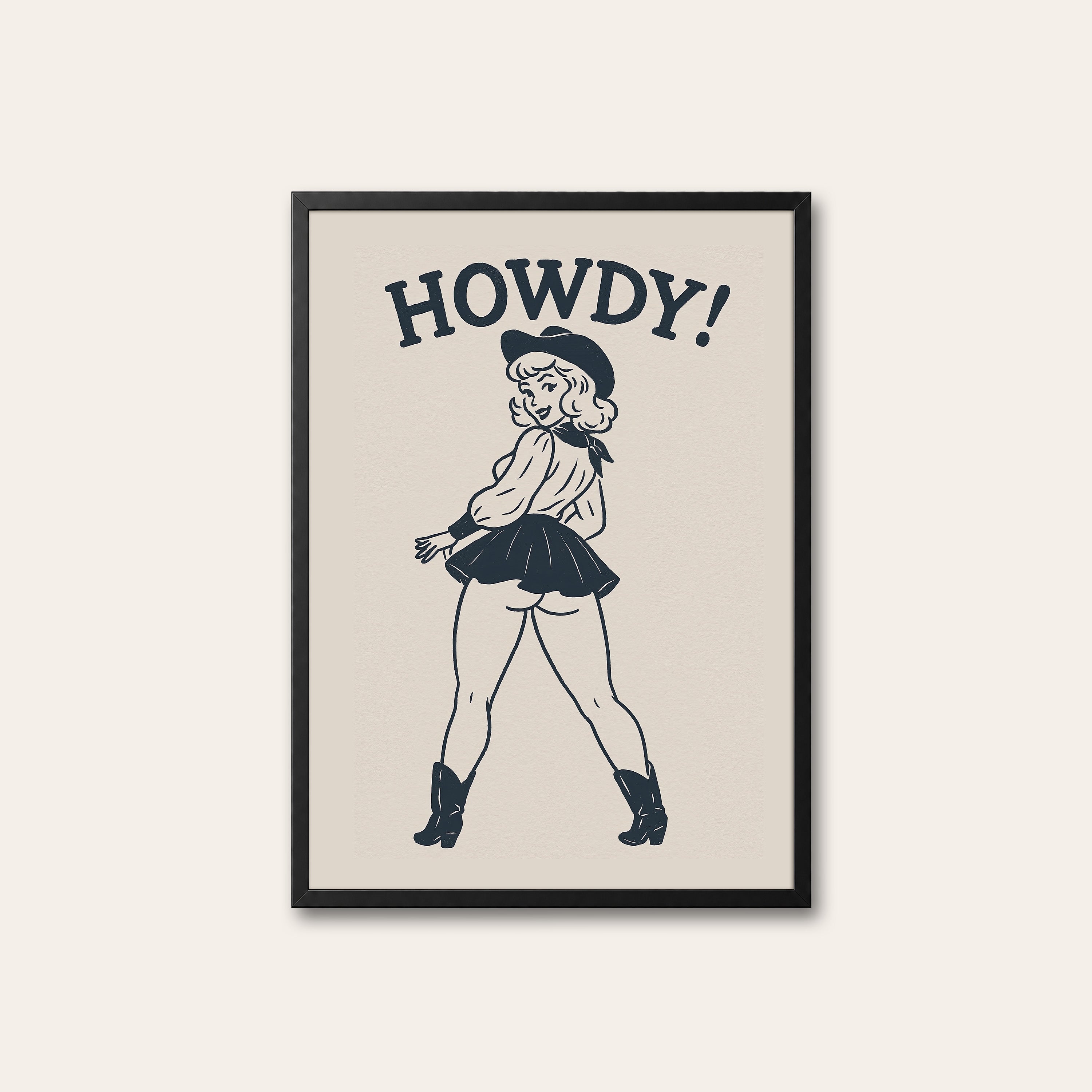 Howdy! — Pin-Up Cowgirl Print – black frame