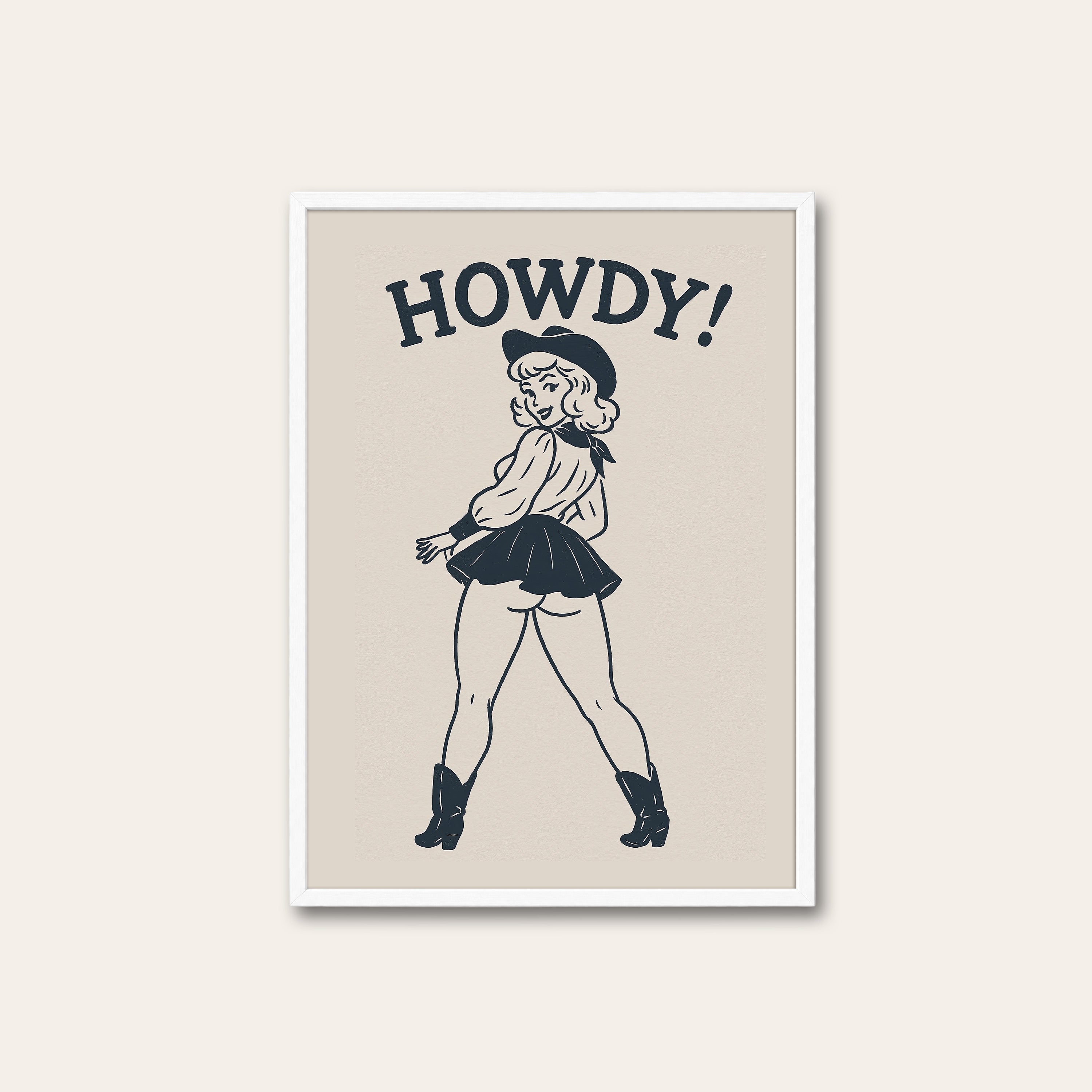 Howdy! — Pin-Up Cowgirl Print – white frame