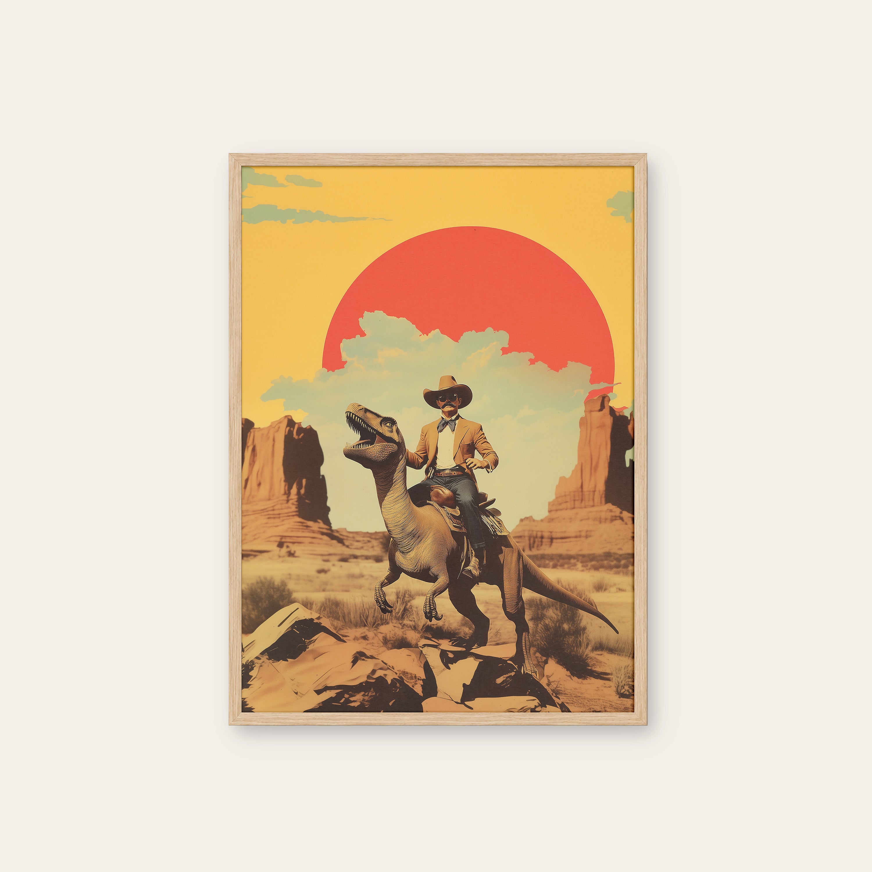Jurassic Cowboy — Retro Collage Print – natural wood frame