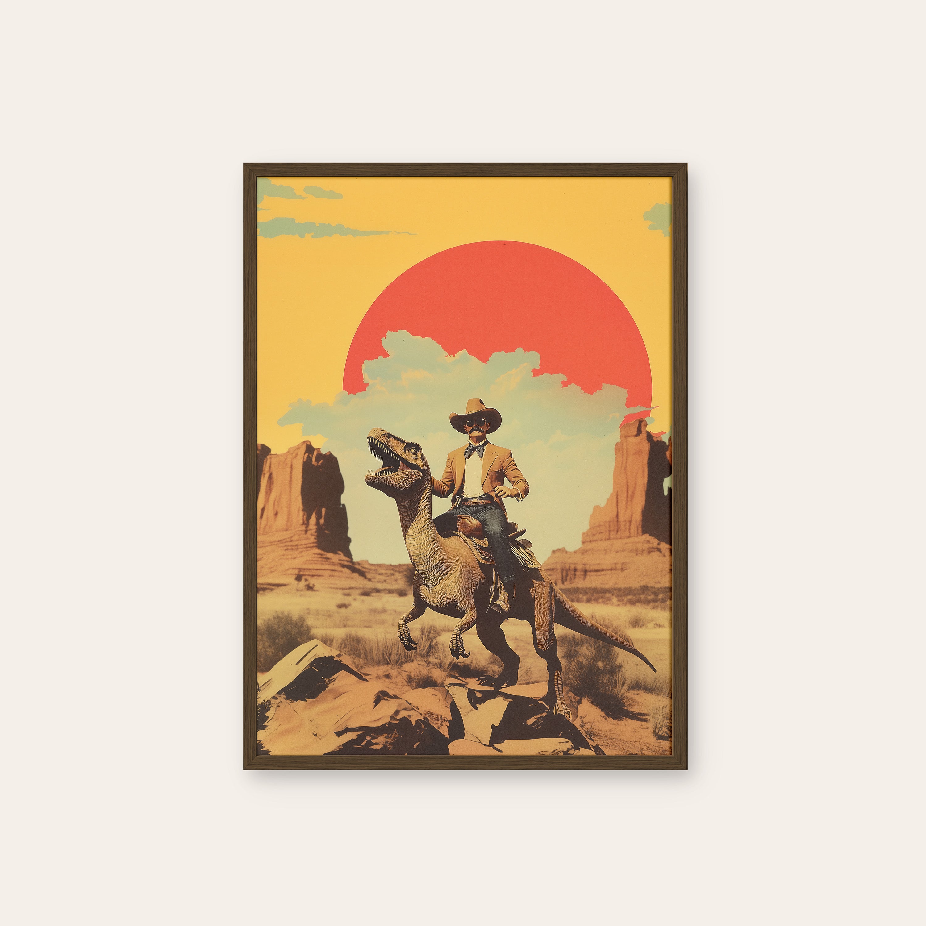 Jurassic Cowboy — Retro Collage Print – dark wood frame