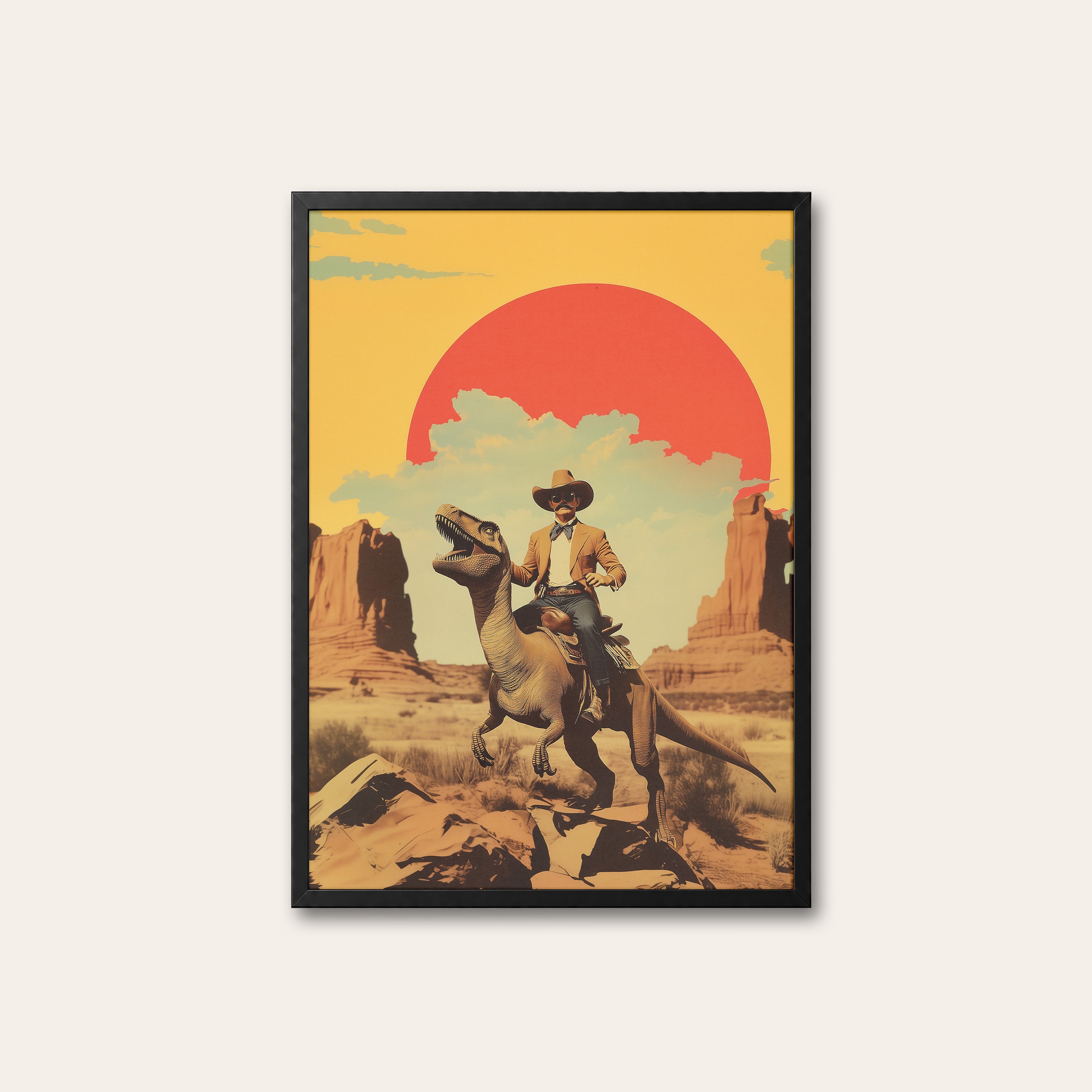 Jurassic Cowboy — Retro Collage Print – black frame