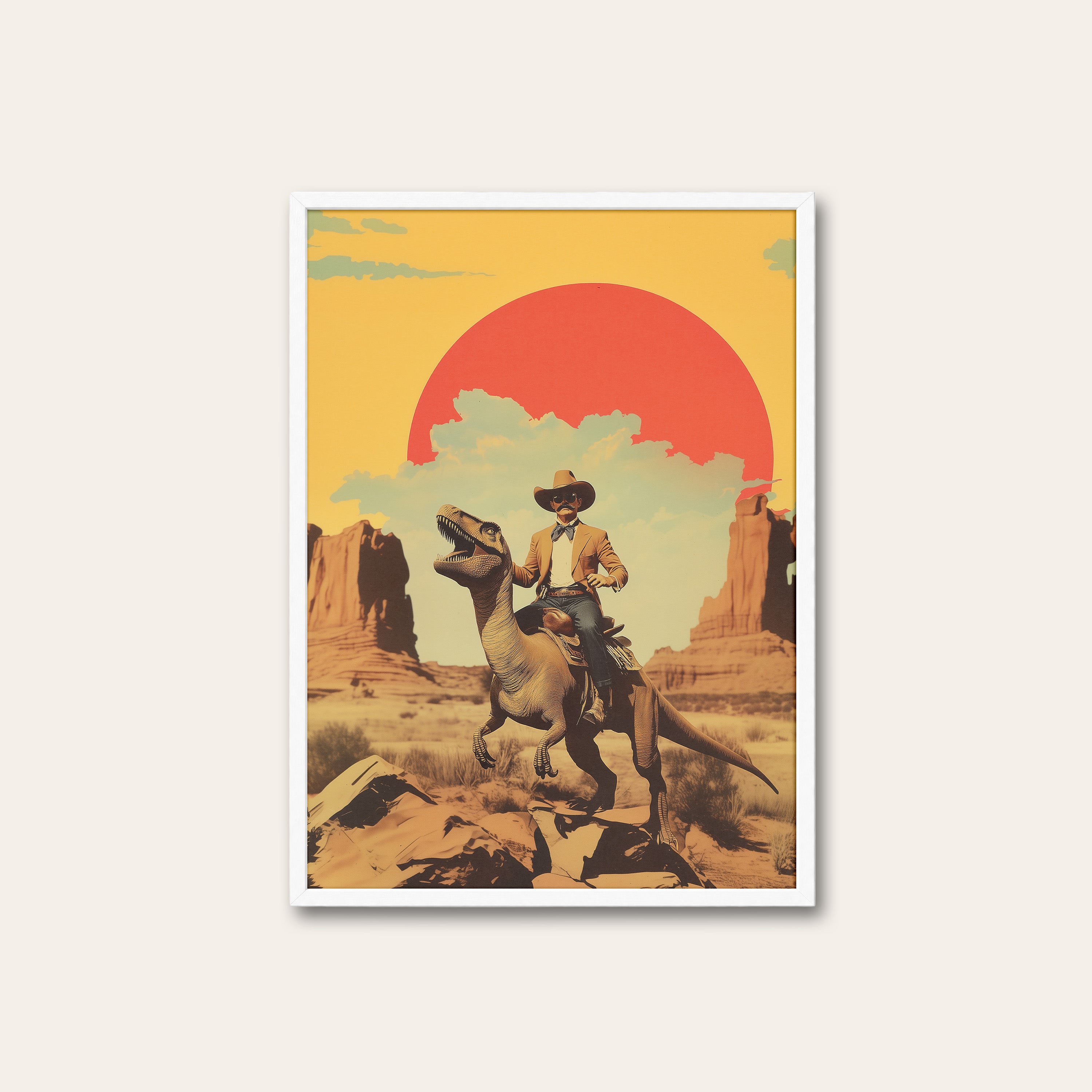 Jurassic Cowboy — Retro Collage Print – white frame