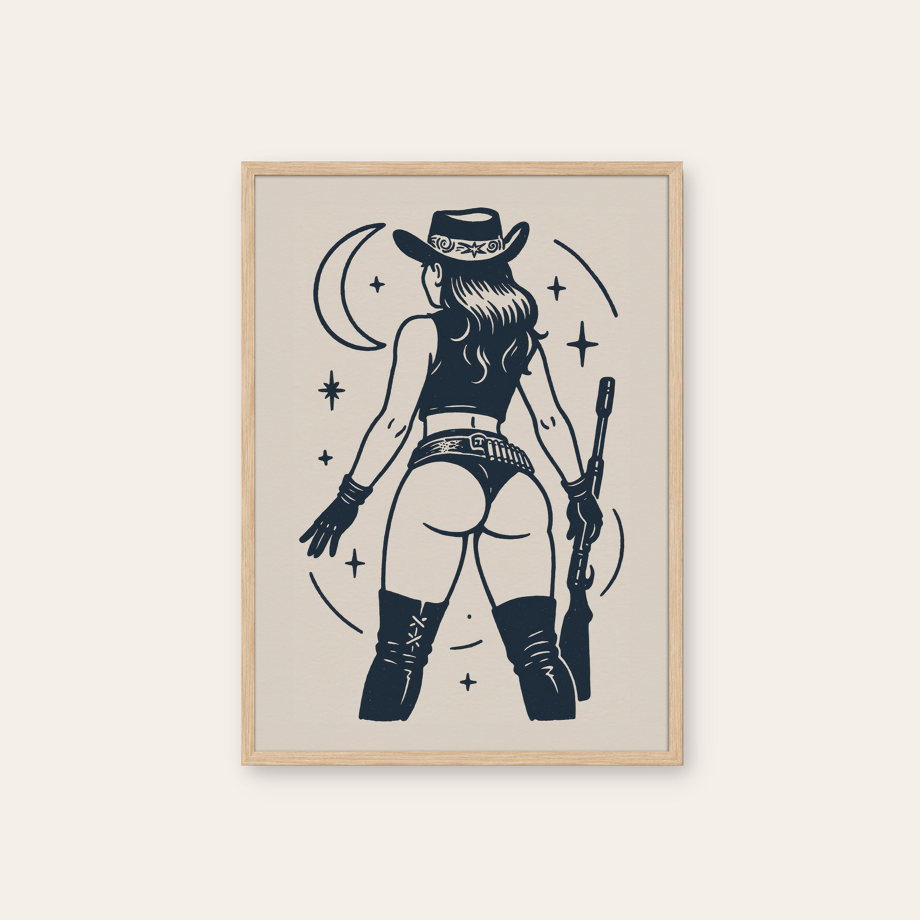 Moonlight Cowgirl — Line Art Print – natural wood frame