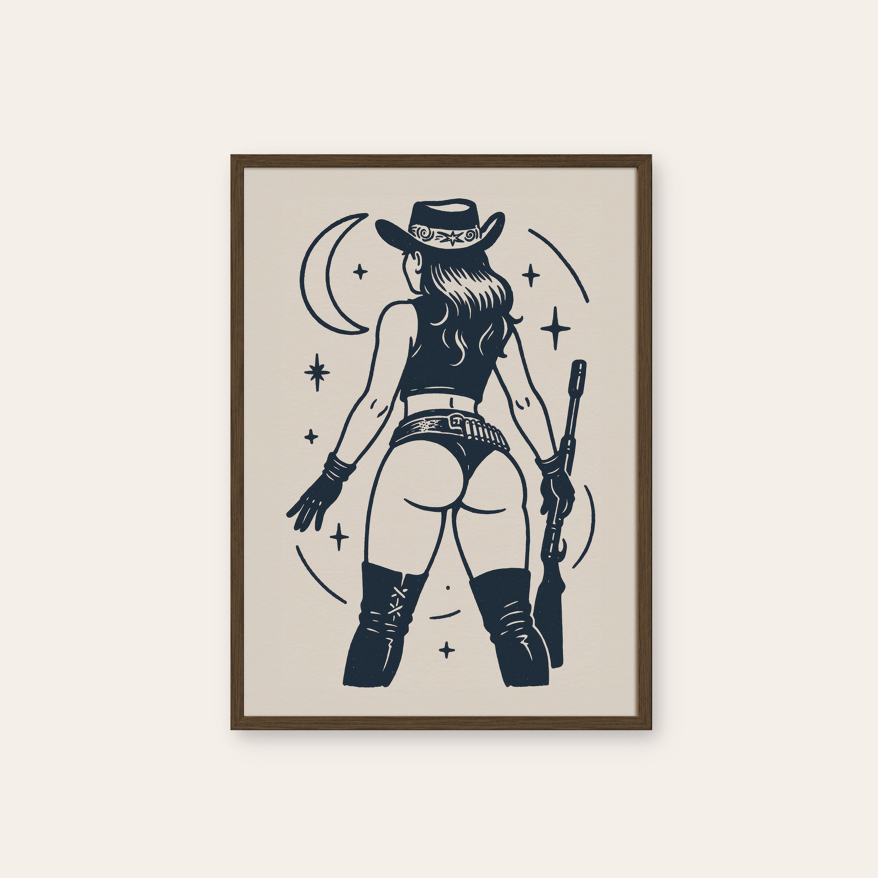 Moonlight Cowgirl — Line Art Print – dark wood frame