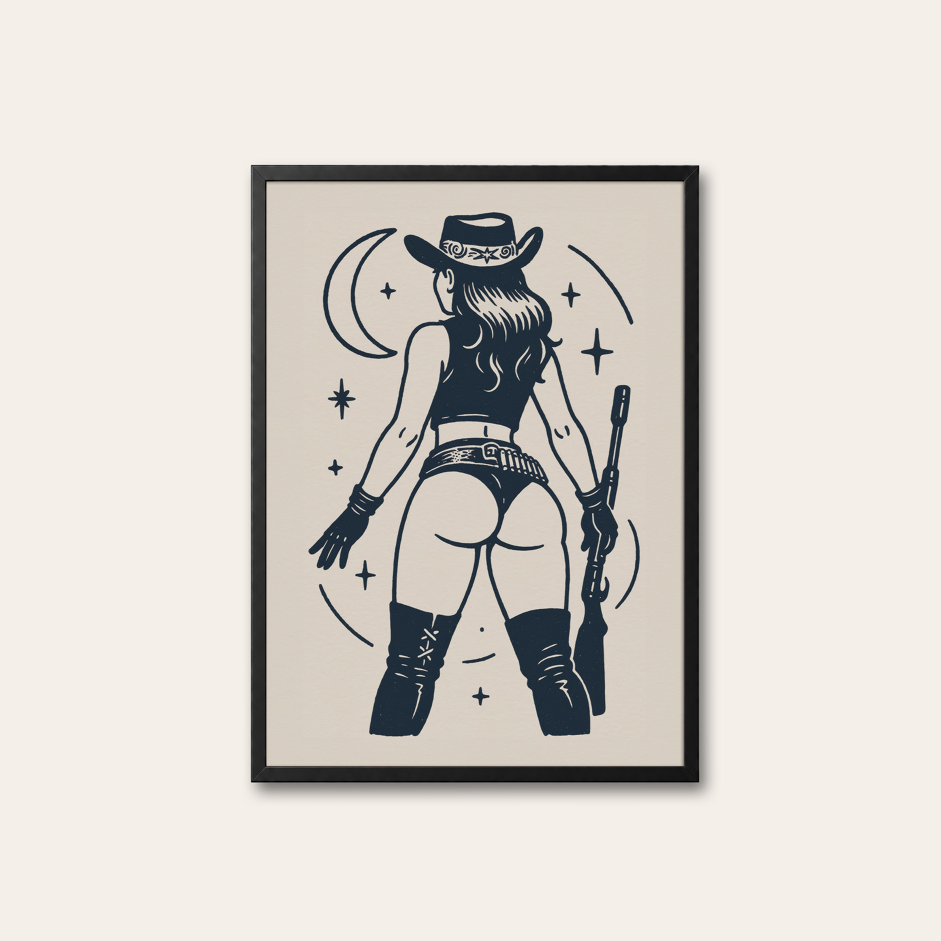 Moonlight Cowgirl — Line Art Print – black frame