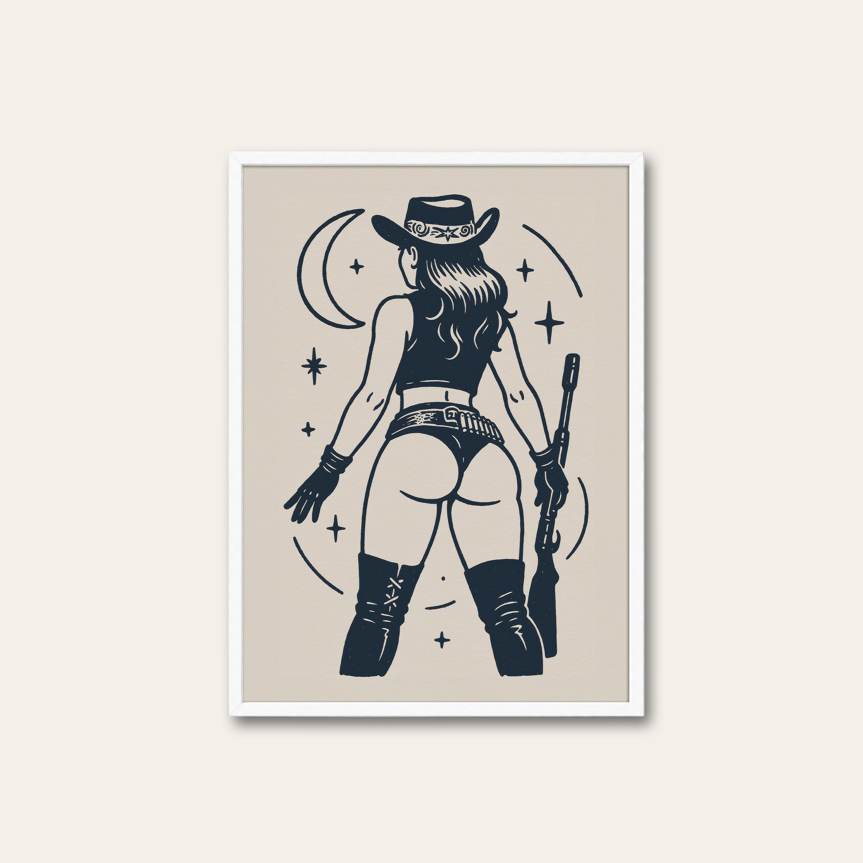 Moonlight Cowgirl — Line Art Print – white frame