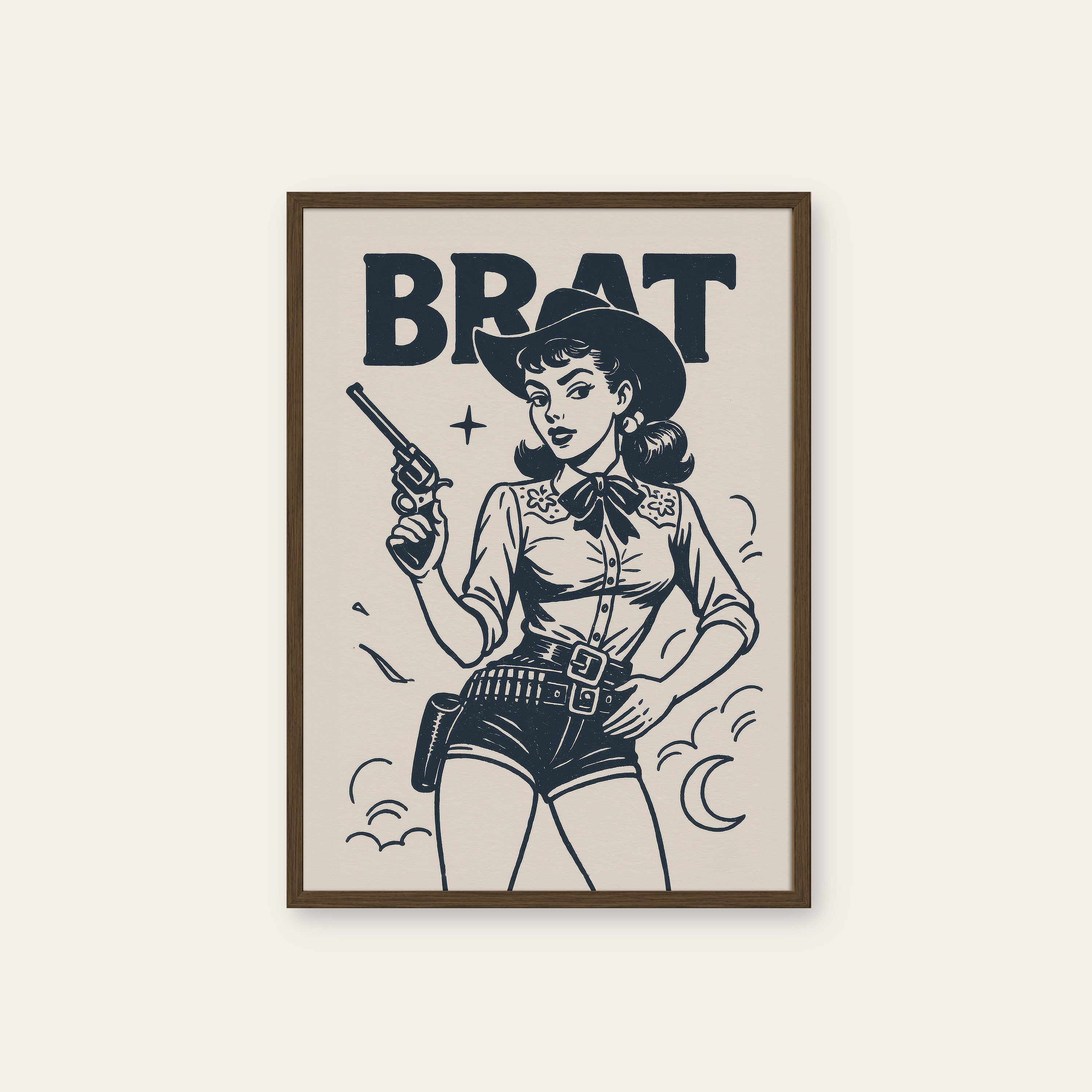 Brat — Pistol Pin-Up Print – dark wood frame
