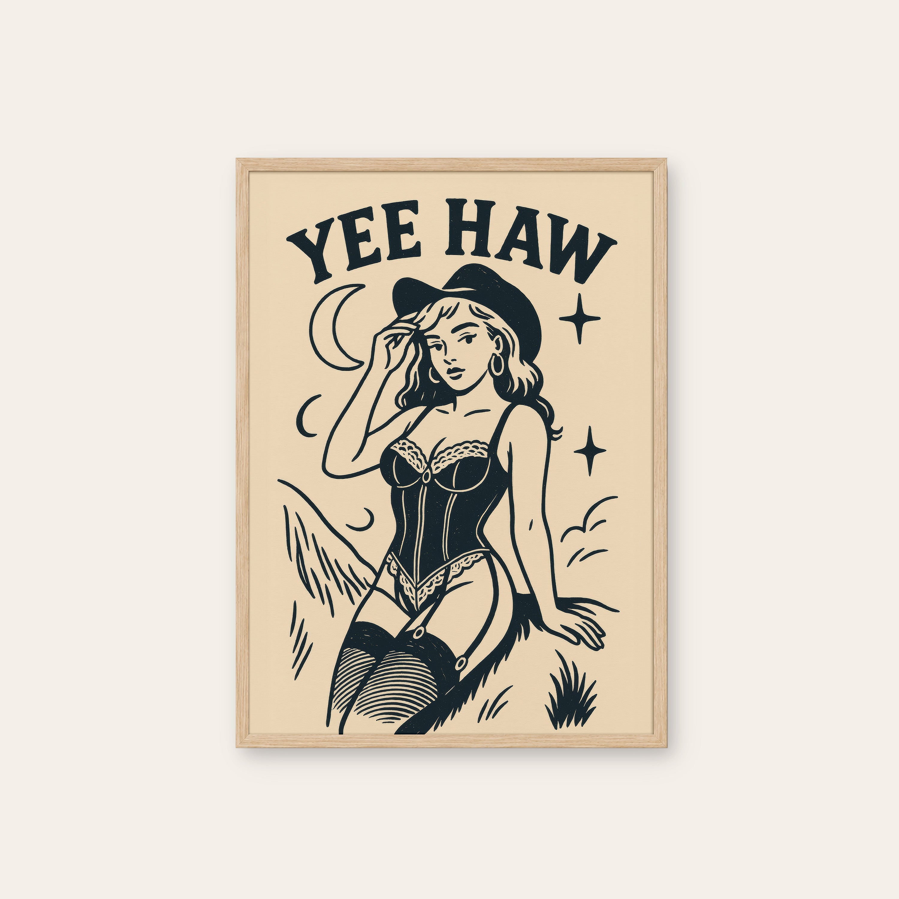 Yee Haw — Corset Cowgirl Print – natural wood frame
