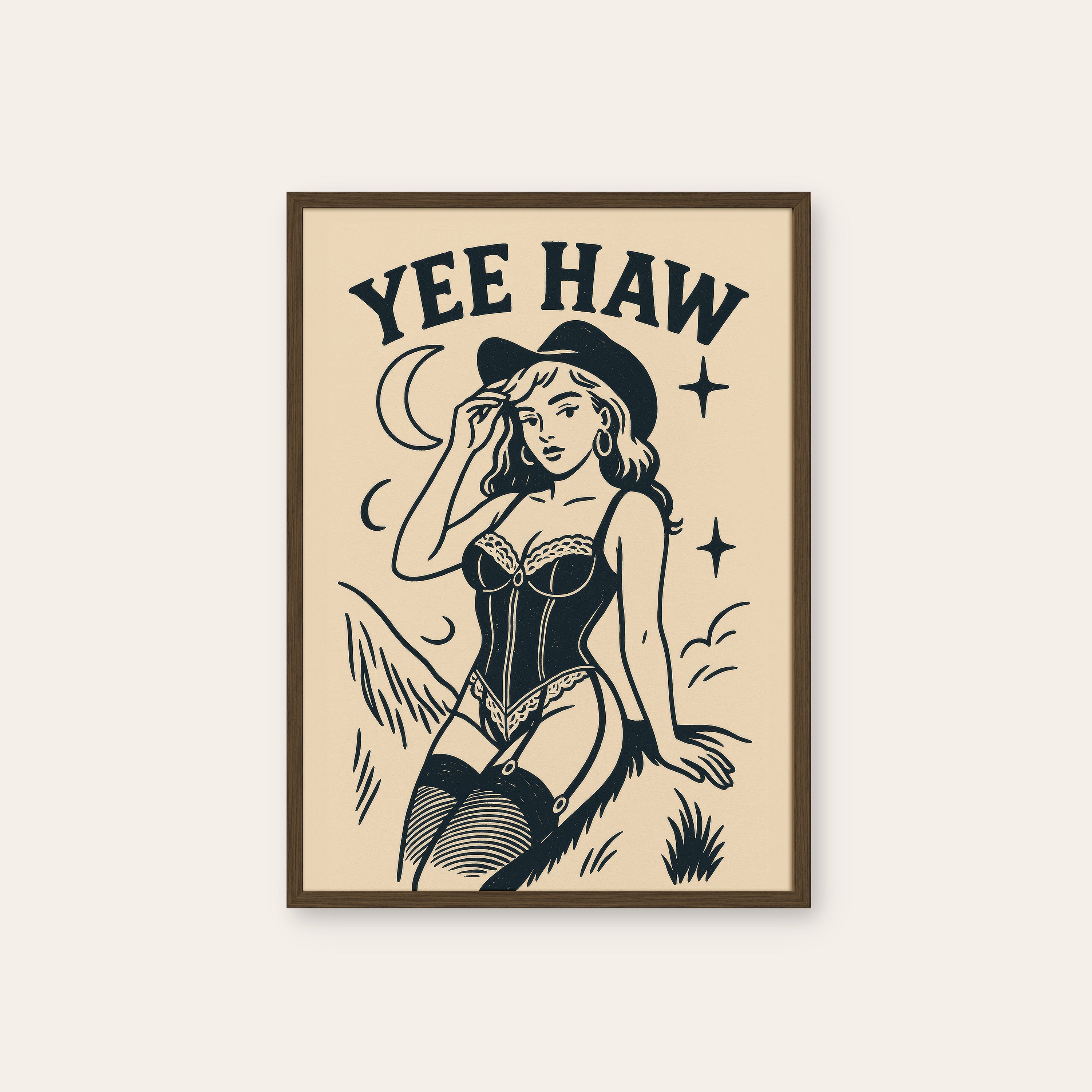 Yee Haw — Corset Cowgirl Print – dark wood frame