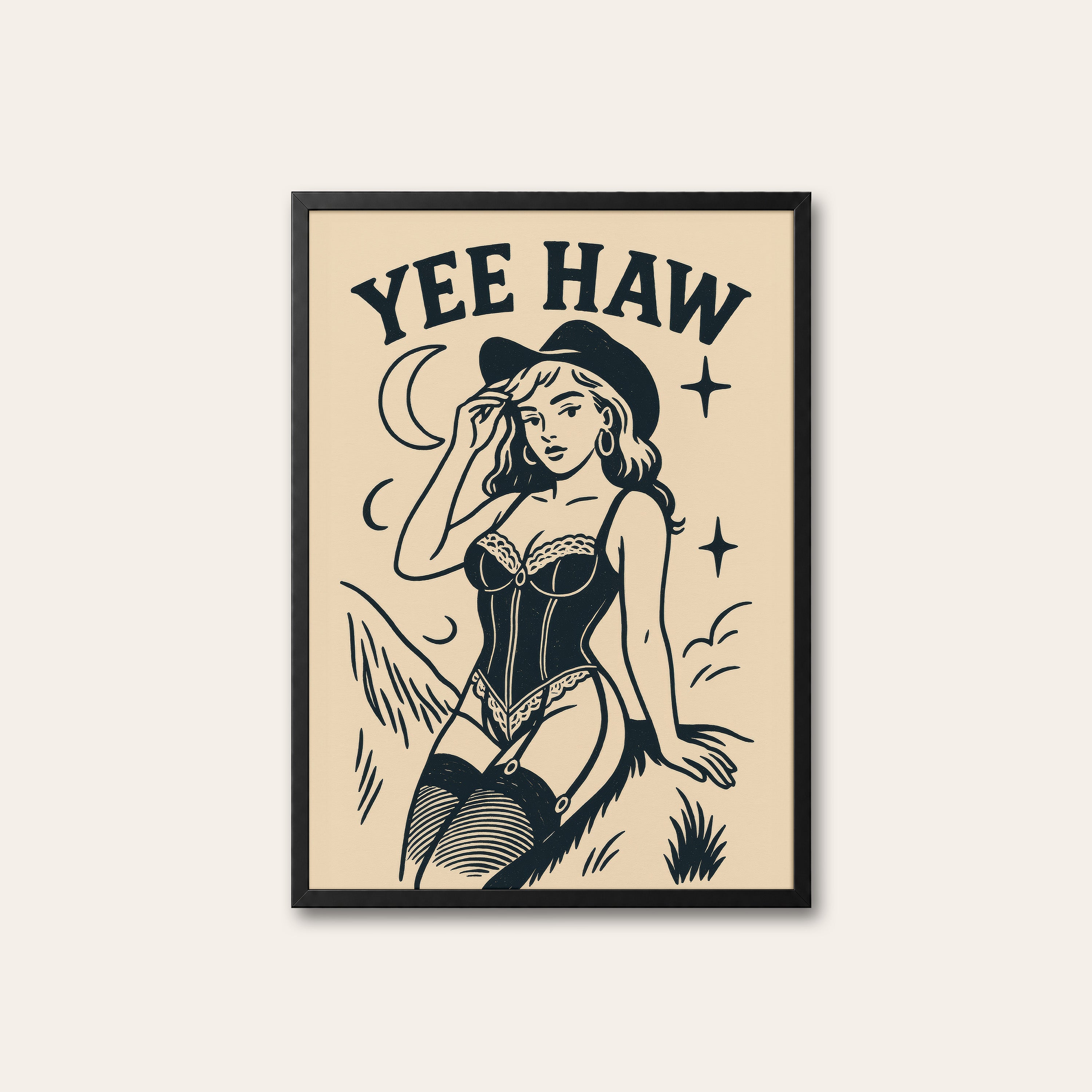 Yee Haw — Corset Cowgirl Print – black frame