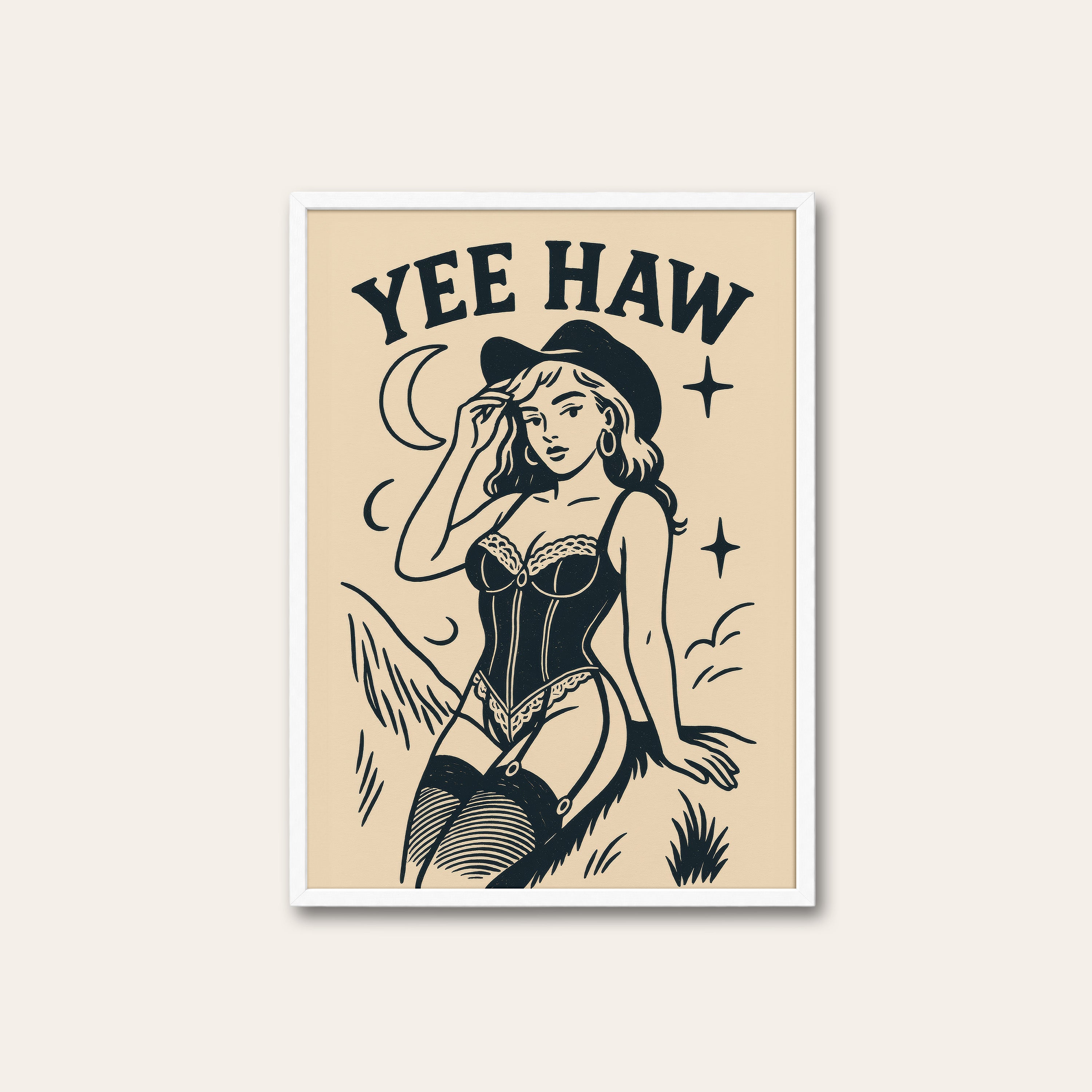 Yee Haw — Corset Cowgirl Print – white frame