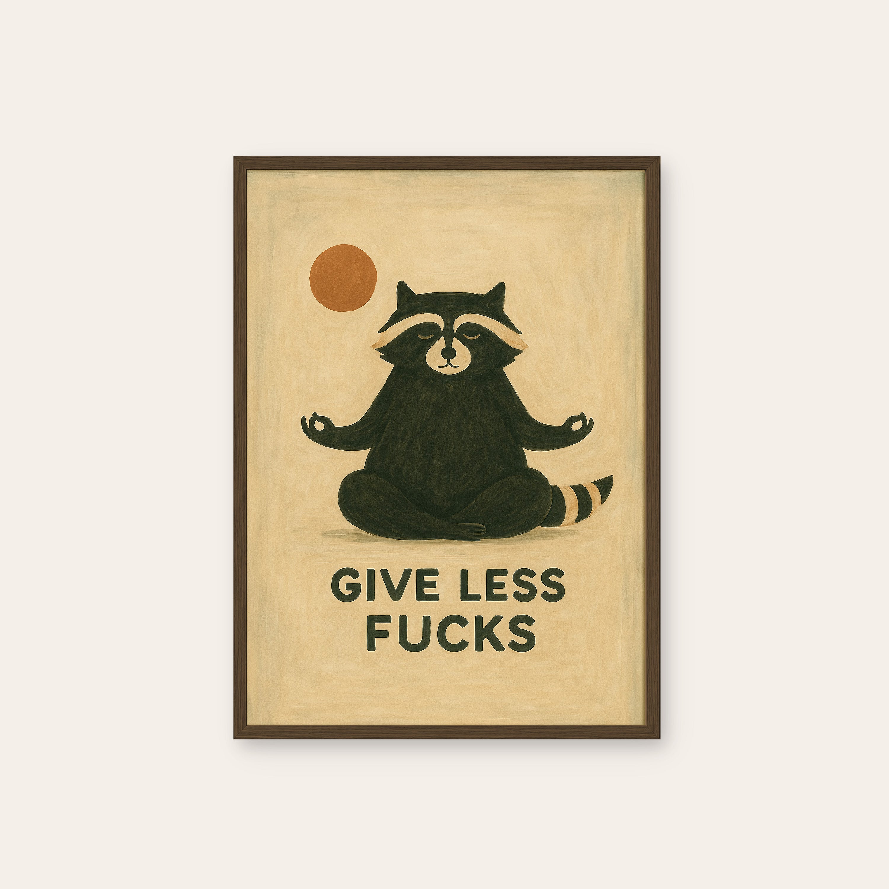 Give Less — Zen Raccoon Print – dark wood frame