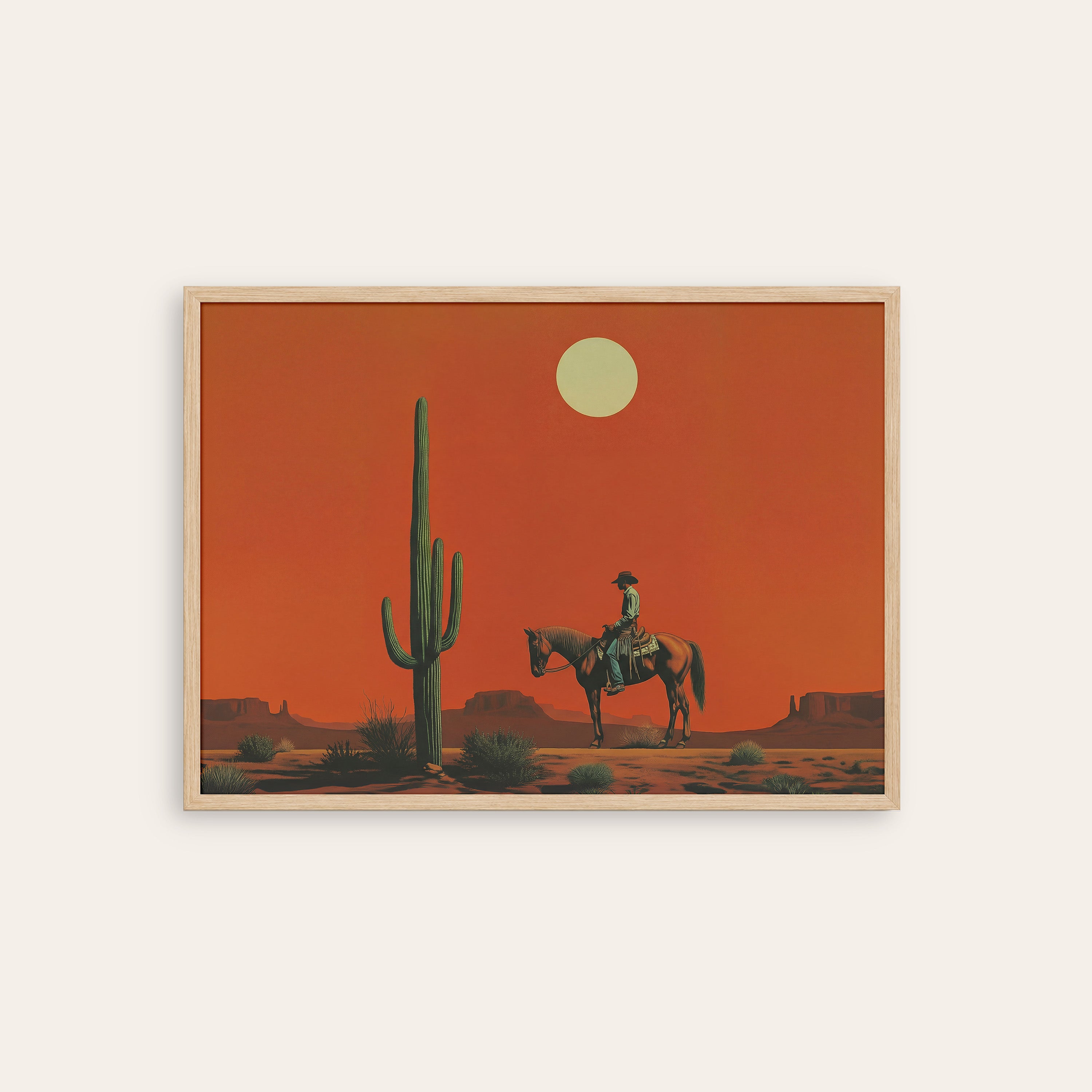 Desert Dusk Rider — Western Art Print – natural wood frame