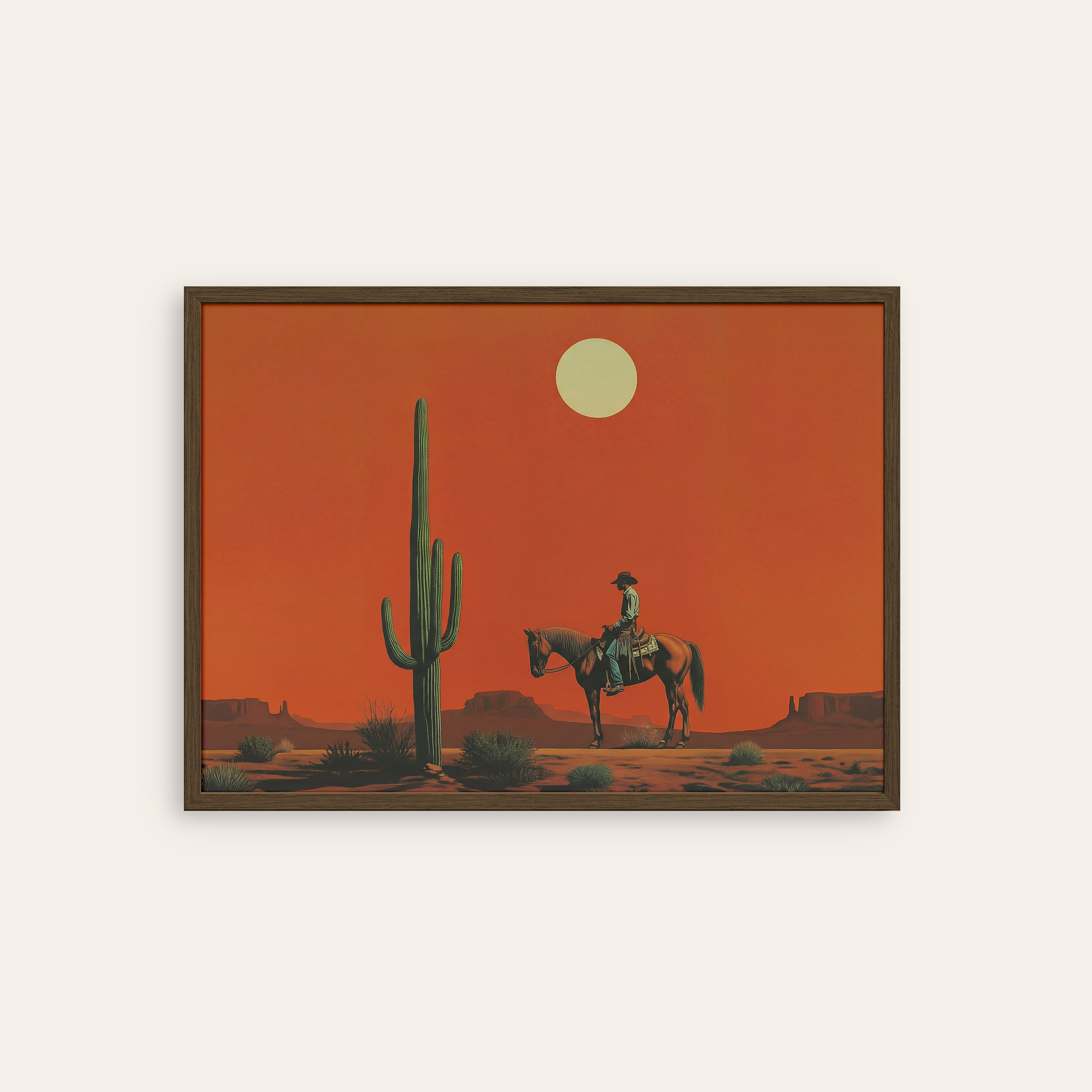 Desert Dusk Rider — Western Art Print – dark wood frame