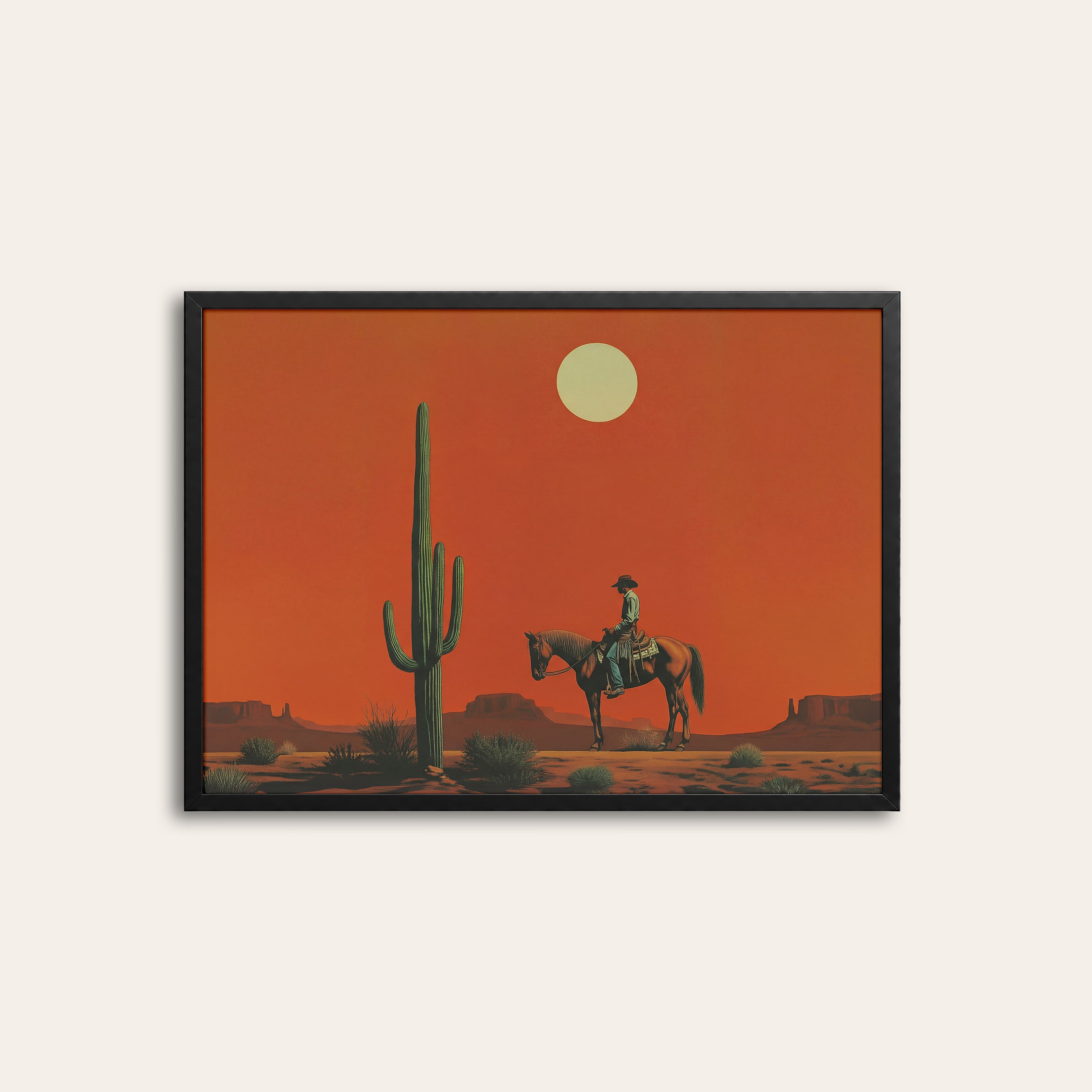 Desert Dusk Rider — Western Art Print – black frame