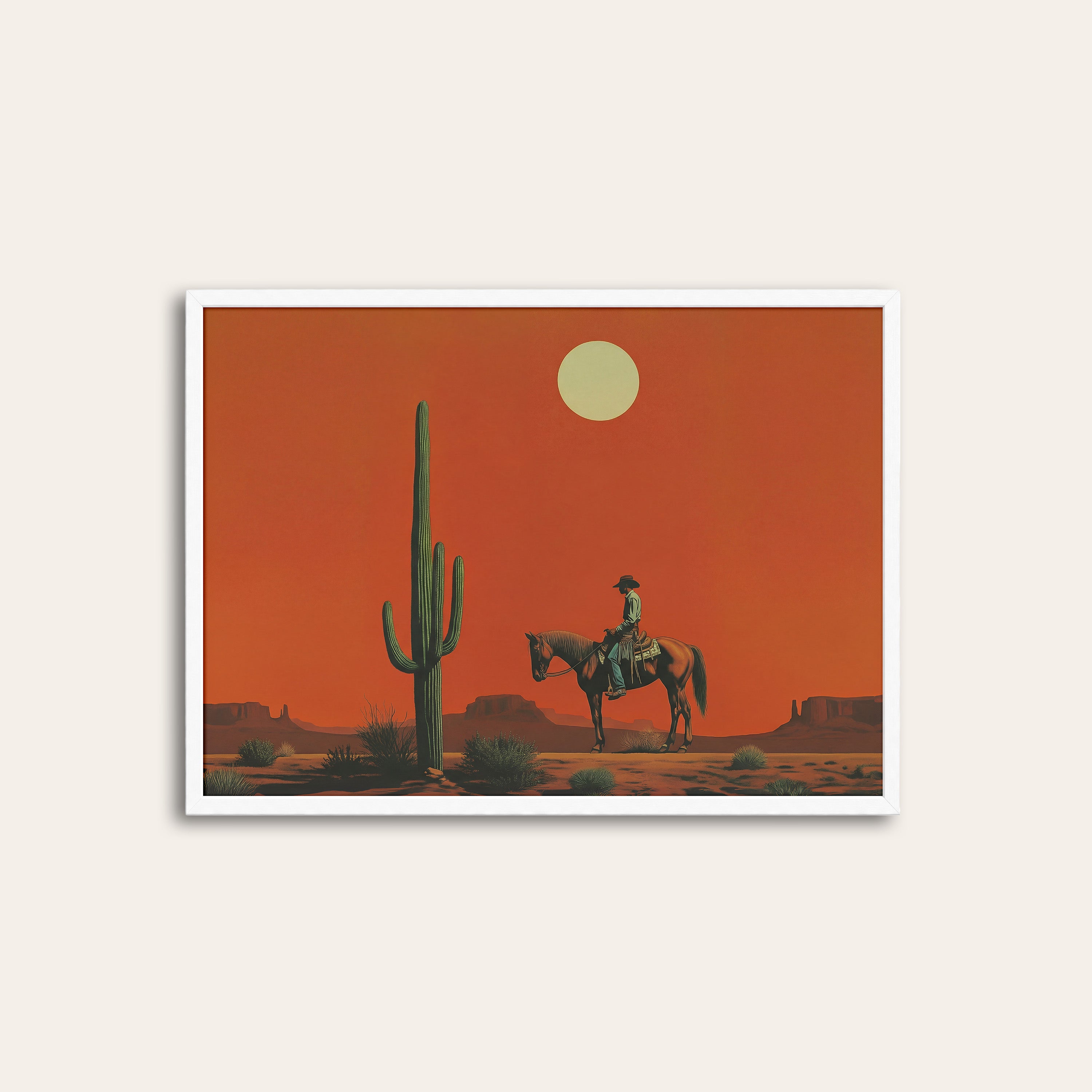 Desert Dusk Rider — Western Art Print – white frame
