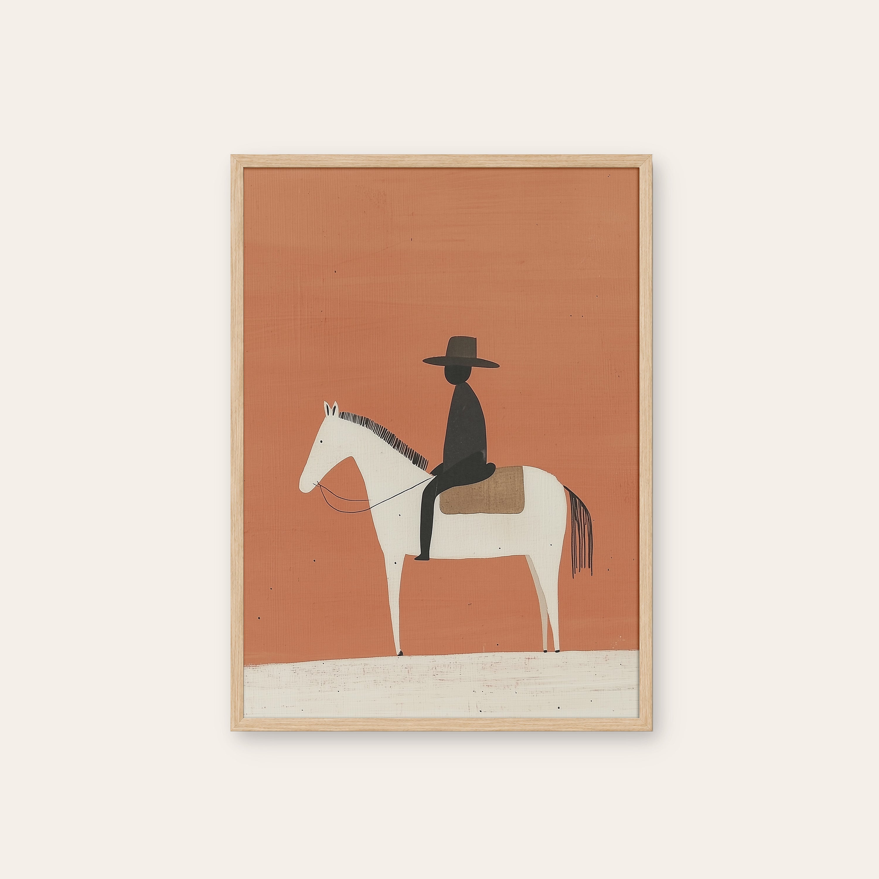 Lone Rider — Minimal Horse Print – natural wood frame