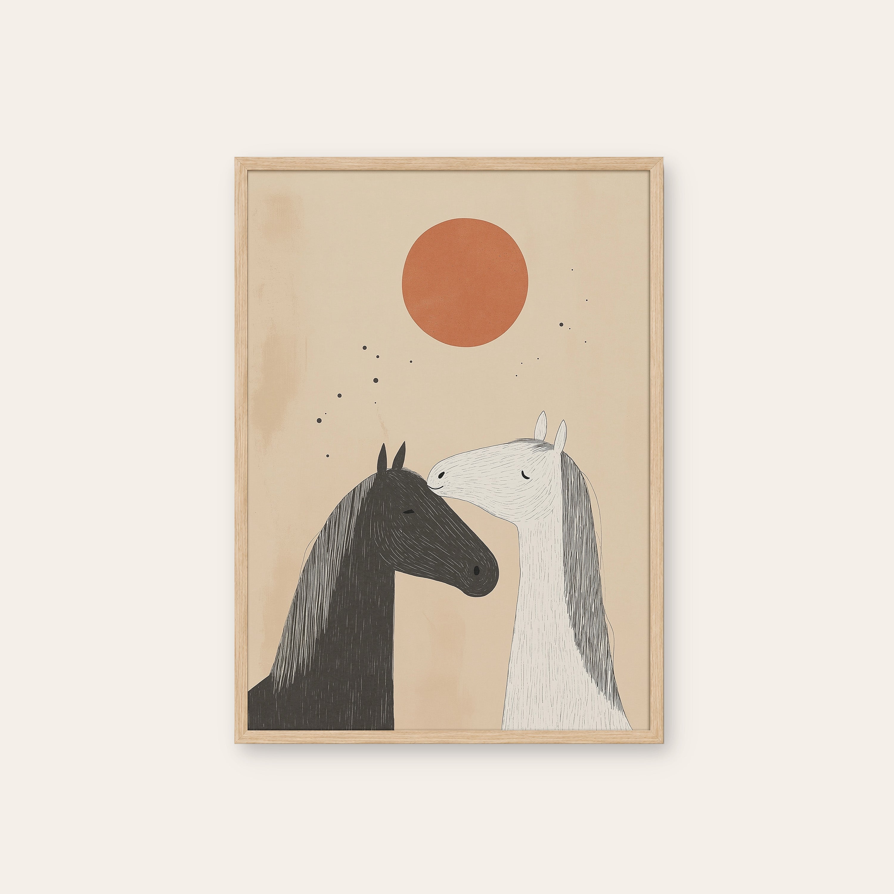 Two Horses — Soft Morning Print – natural wood frame