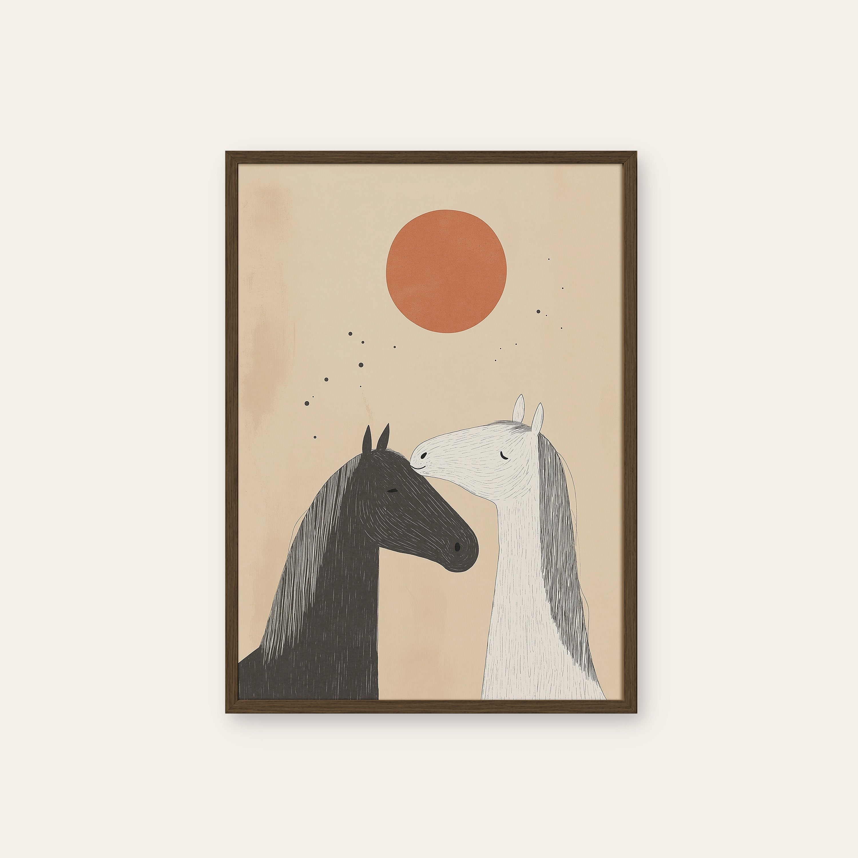 Two Horses — Soft Morning Print – dark wood frame