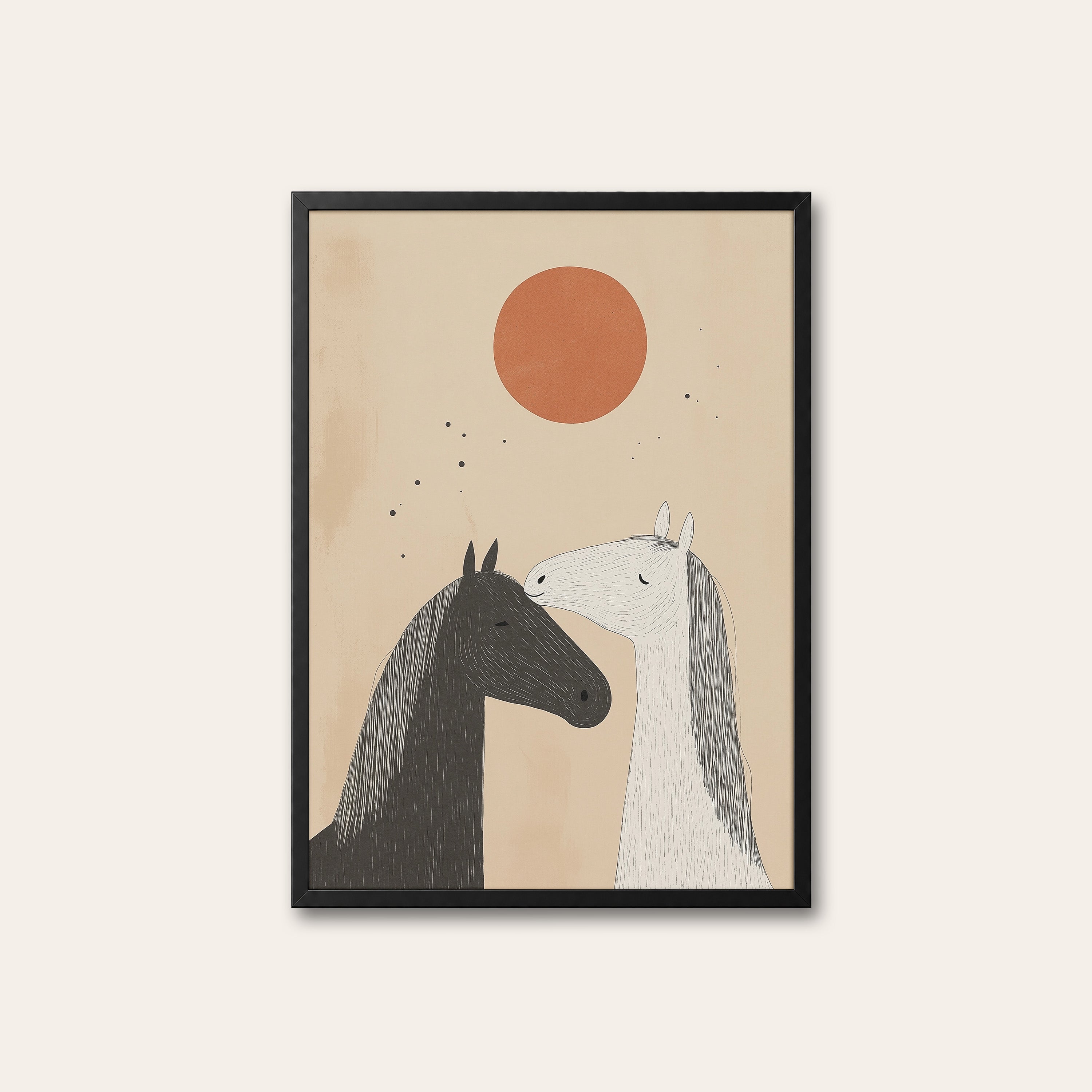 Two Horses — Soft Morning Print – black frame