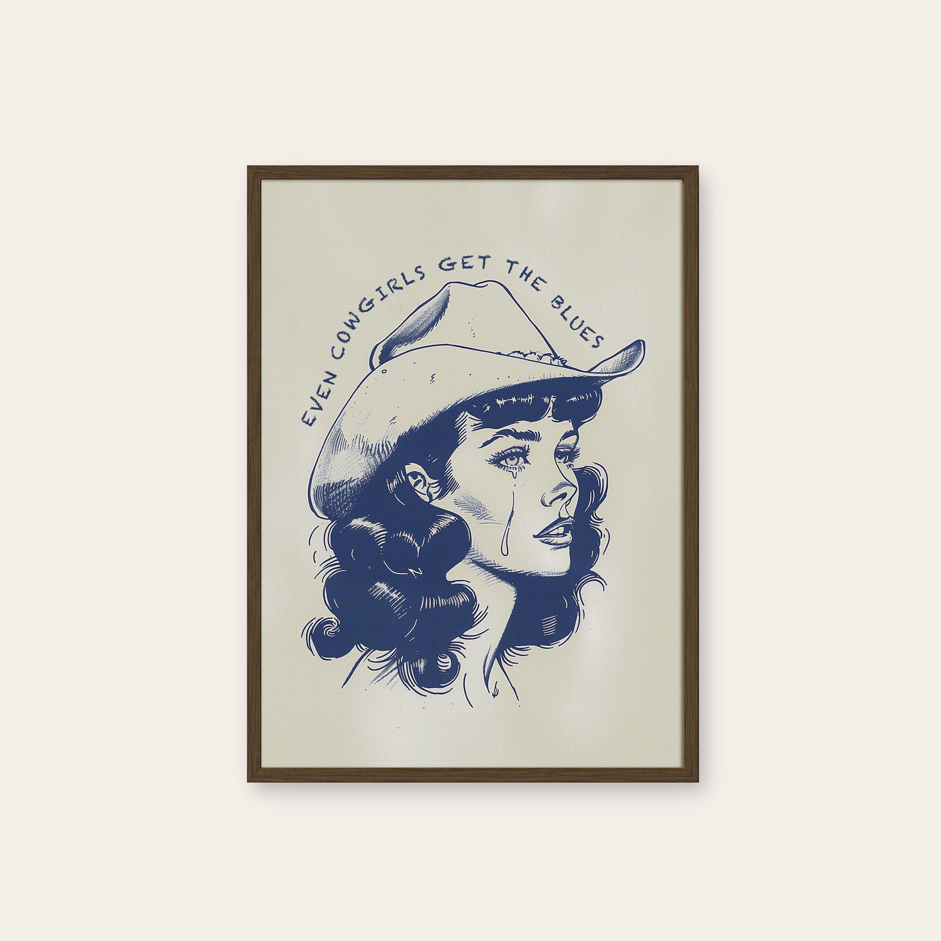 Cowgirl Blues — Portrait Line Print – dark wood frame
