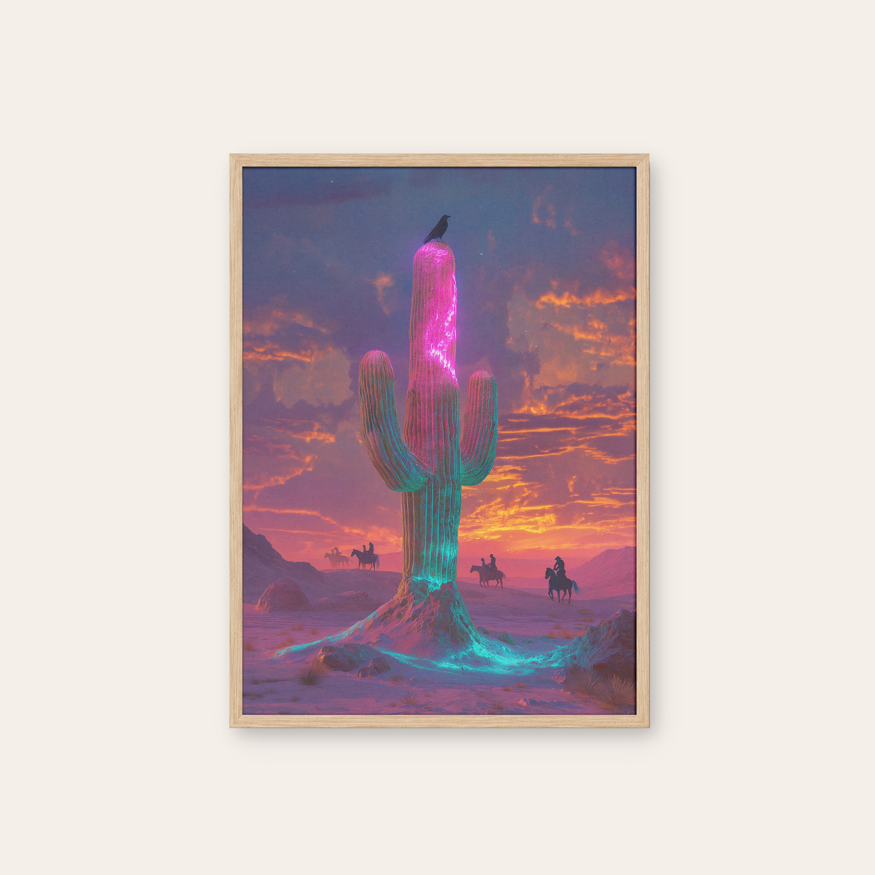 Neon Saguaro — Desert Dusk Print – natural wood frame