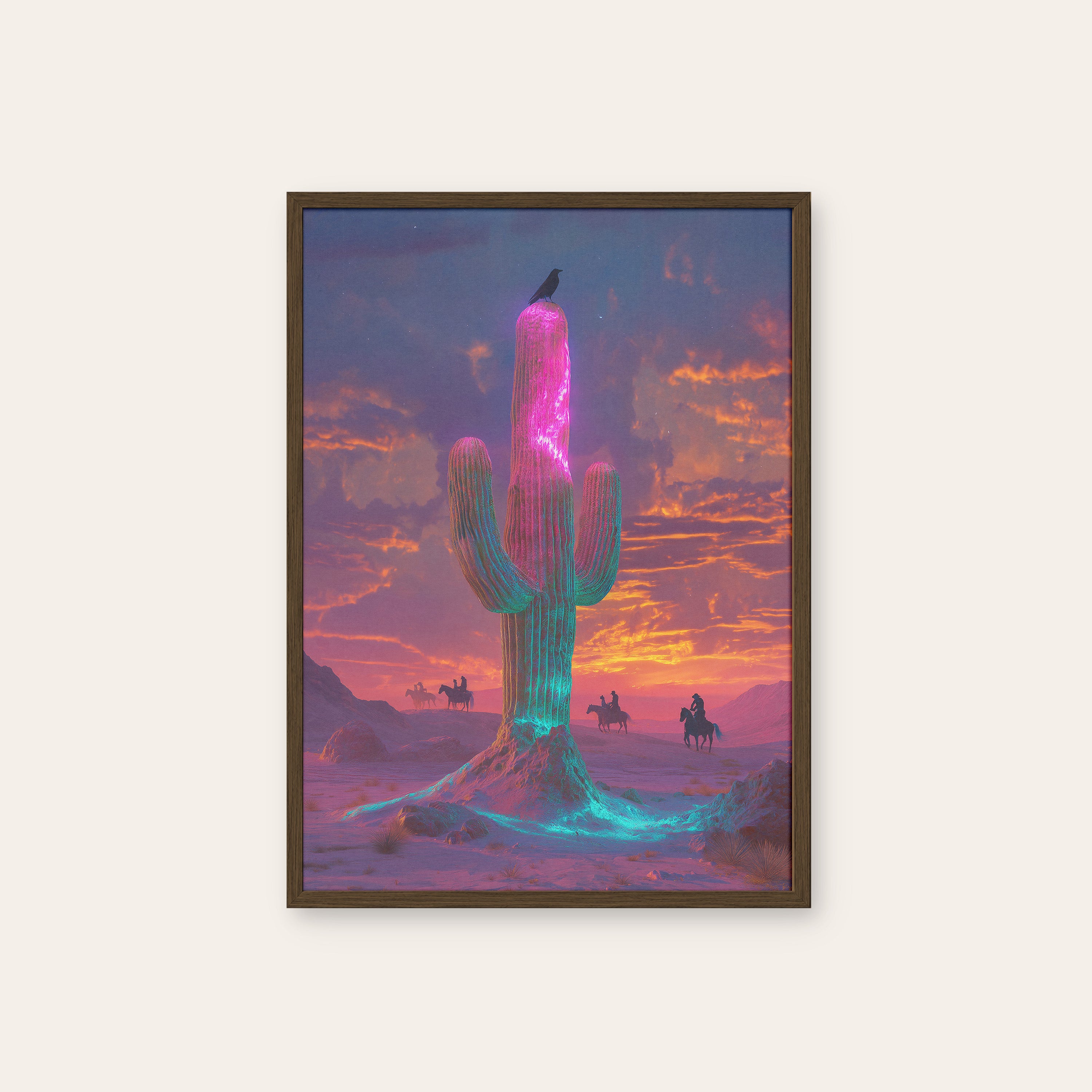 Neon Saguaro — Desert Dusk Print – dark wood frame