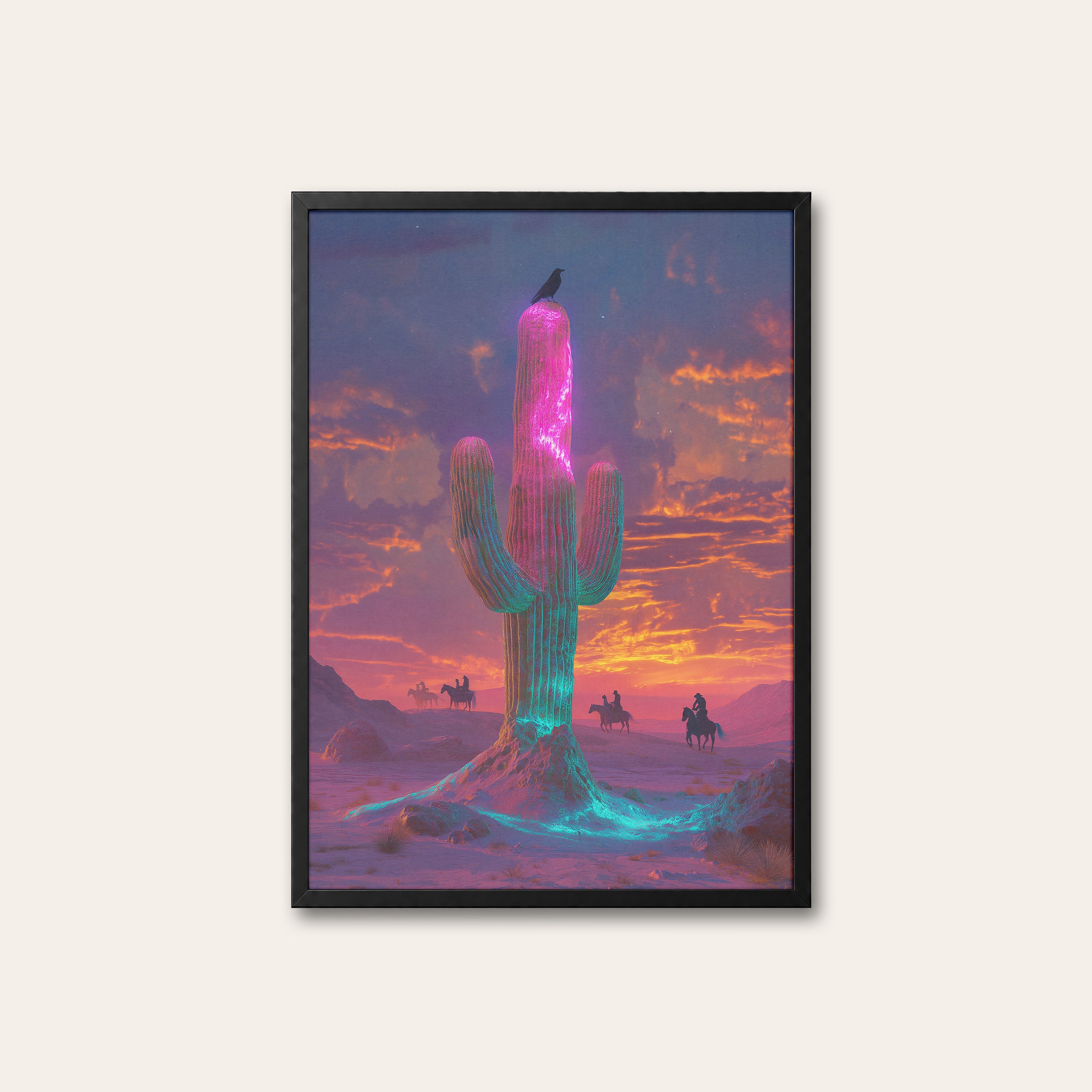 Neon Saguaro — Desert Dusk Print – black frame