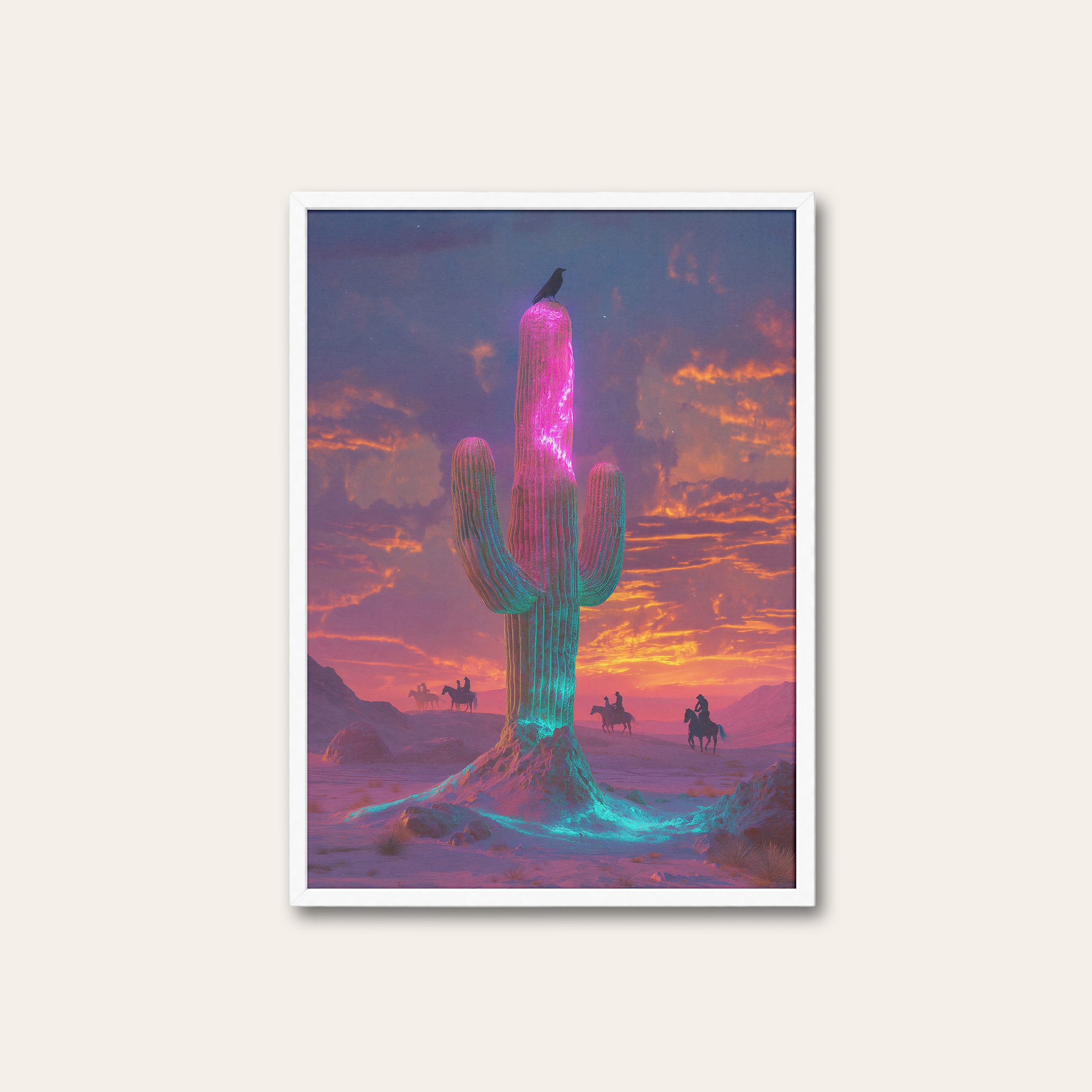 Neon Saguaro — Desert Dusk Print – white frame