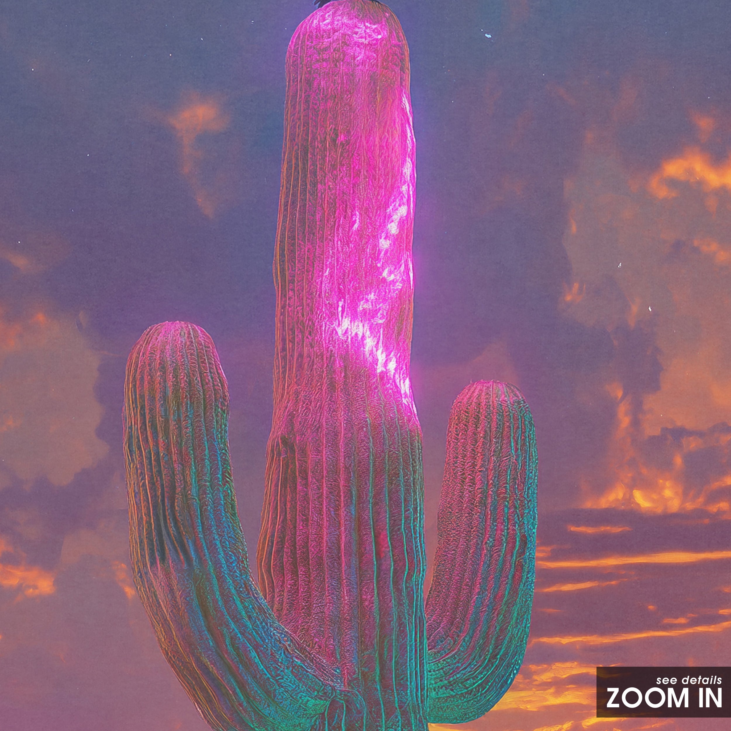 Neon Saguaro — Desert Dusk Print – in room setting