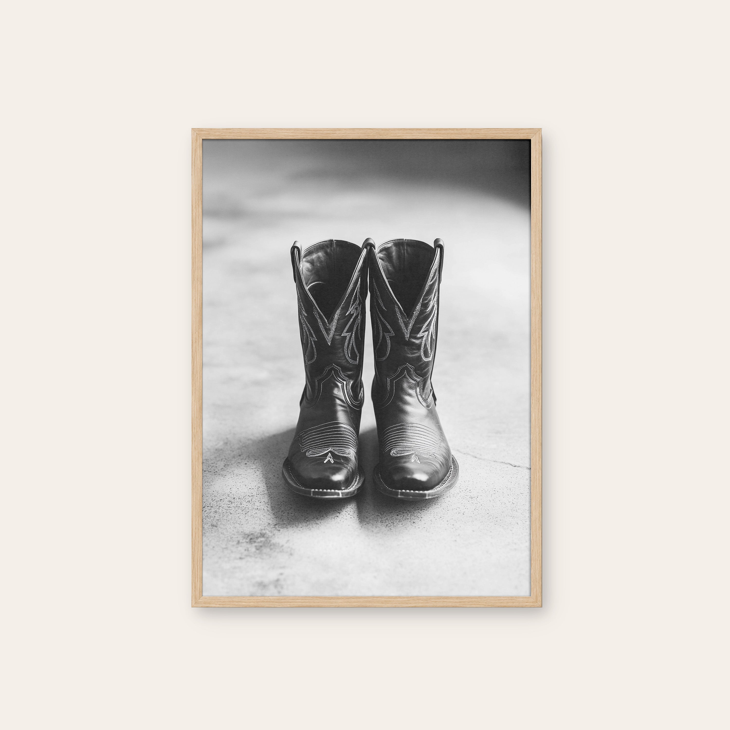 Old Boots — Monochrome Still Life Print – natural wood frame