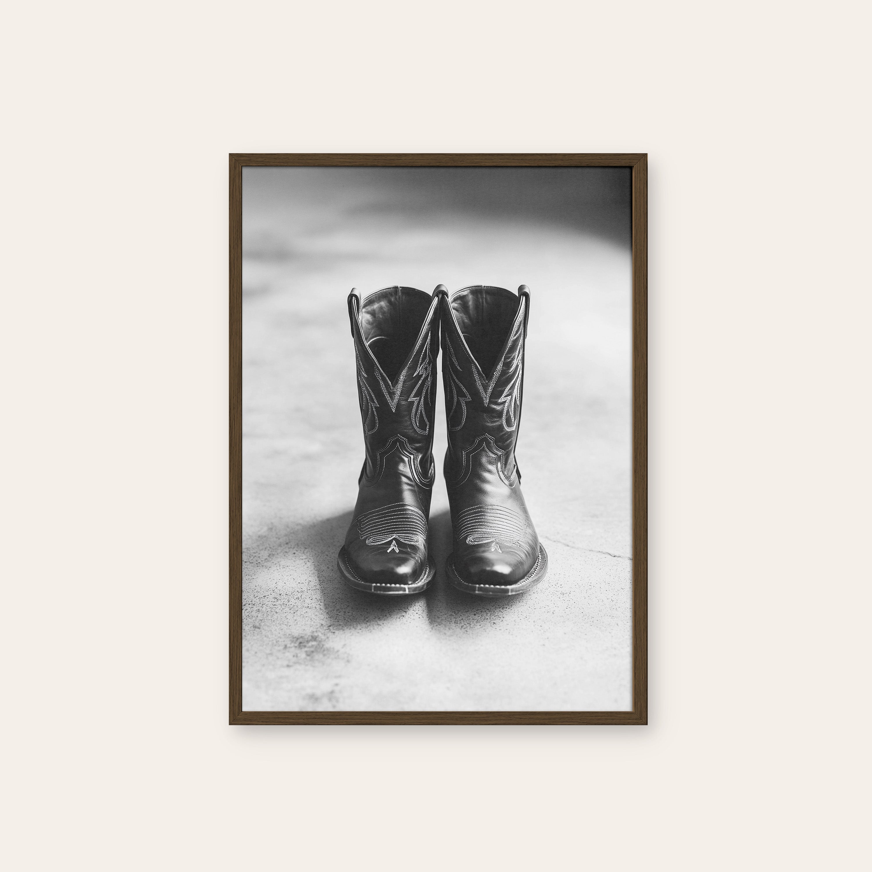 Old Boots — Monochrome Still Life Print – dark wood frame