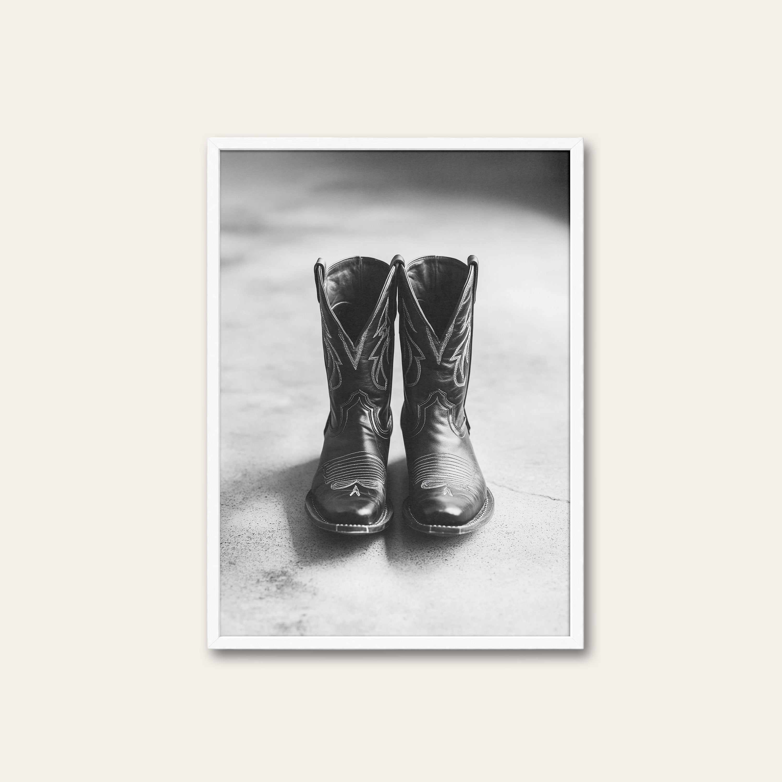 Old Boots — Monochrome Still Life Print – white frame