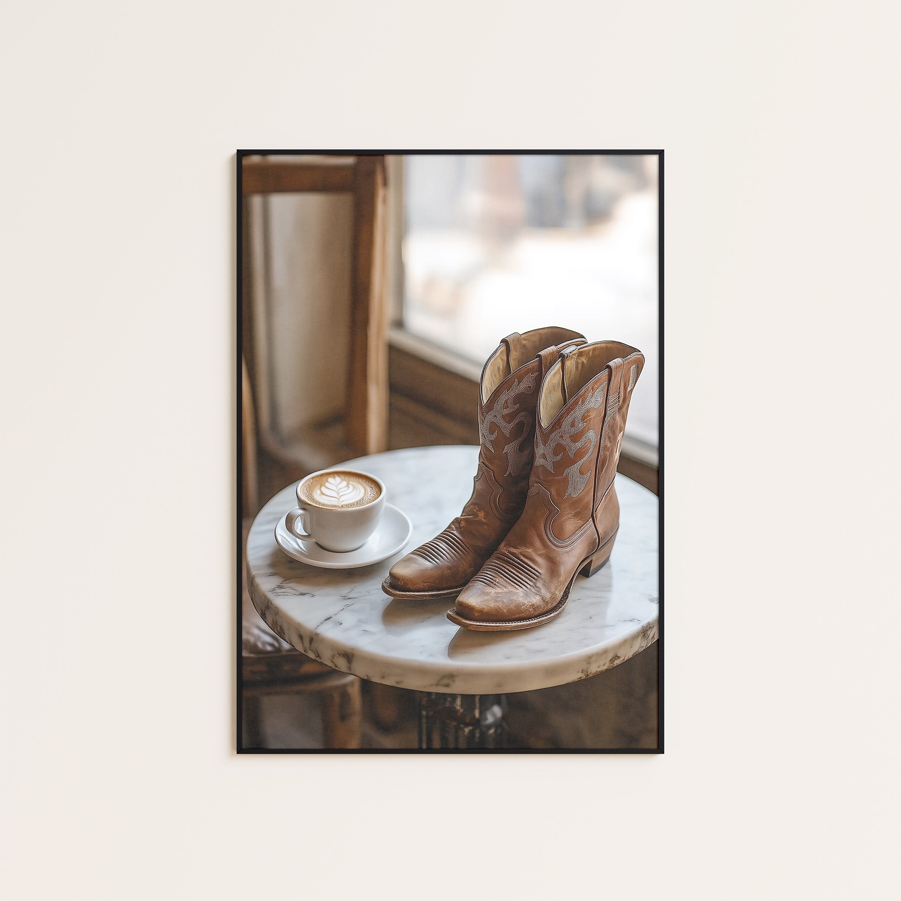 Boots & Latte — Café Western Print – unframed poster